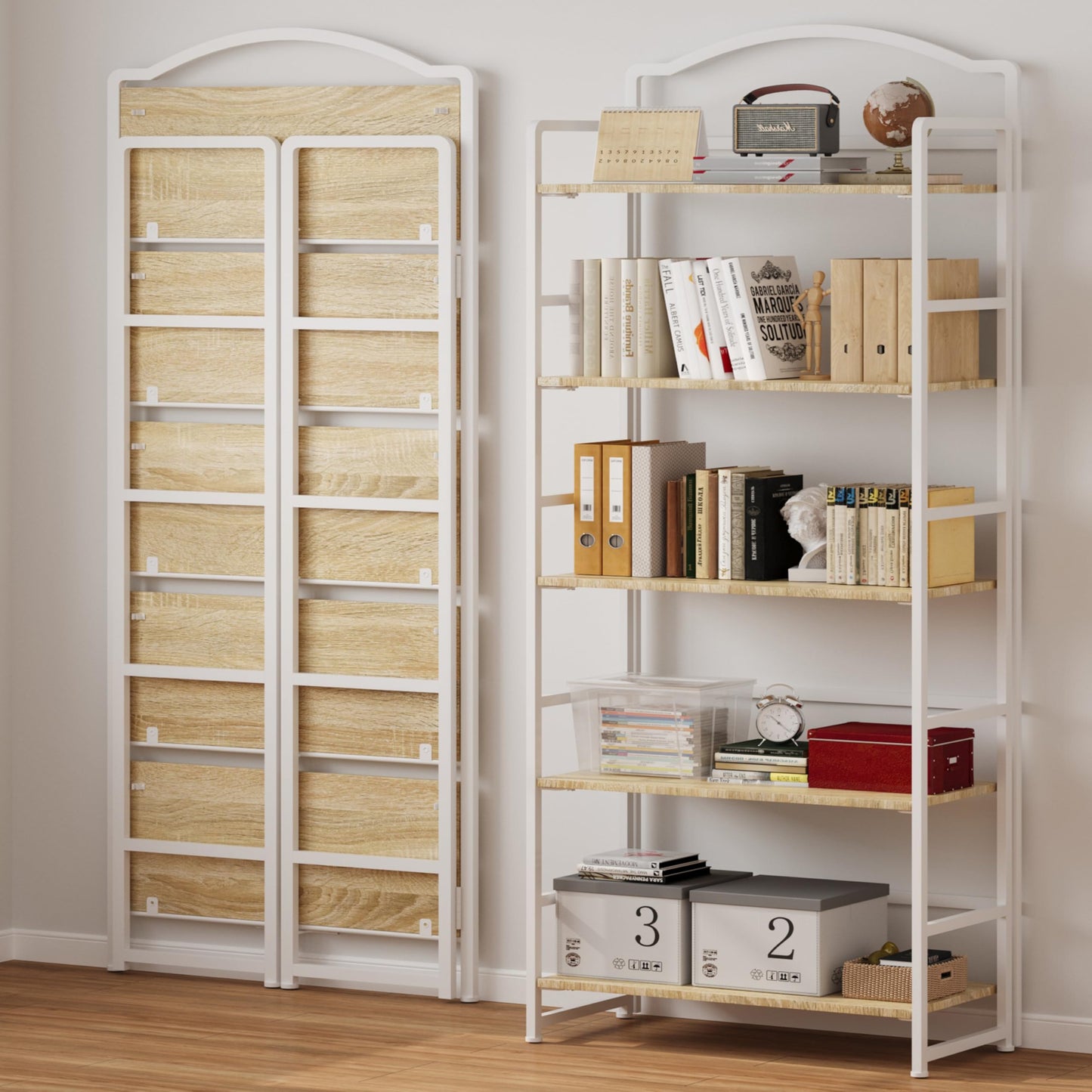JSB 5 Tier No Assembly Folding Bookshelf, Arched Bookshelf, Foldable Bookcase for Living Room, Bedroom, Office,Skinny Bookshelf (White)