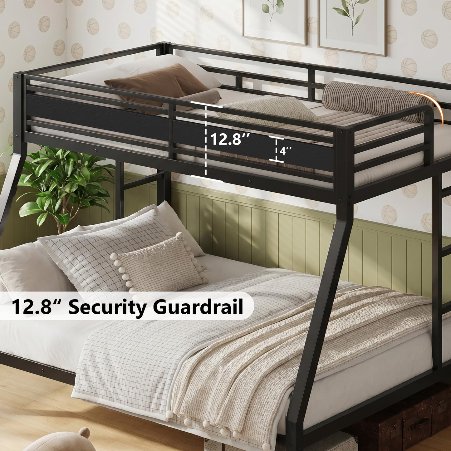 iPormis Heavy Duty Twin Over Full Bunk Beds, Metal Twin Bunk Bed Frame with 12.8" Guardrails, Loft Bed Frame for Kids and Teens, Reversible Ladder, Under Bed Storage Space, No Box Spring Needed, Black