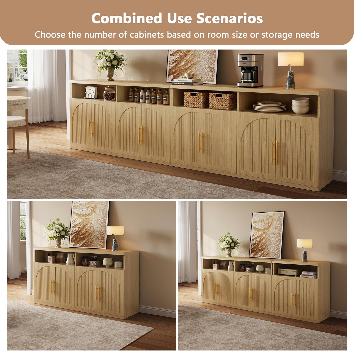 Fluted Buffet Cabinet with Storage, 63" Wide Wood Sideboard Credenza with 4 Doors & Open Storage Shelf, Modern Kitchen Entryway Accent Table for Dining Room Living Room, Kitchen, Hallway, Oak