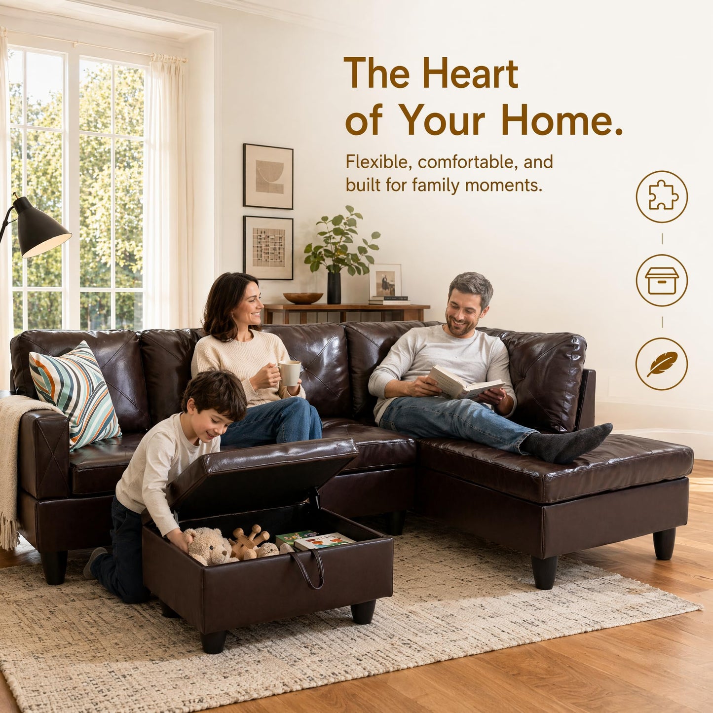 Trygoal 97" Leather L Shaped Couch with Right Chaise & Cup Holder, Sectional Sofas Modular Furniture Set with Storage Ottoman, Convertible Couches for Living Room, Small Space & Office (Brown)