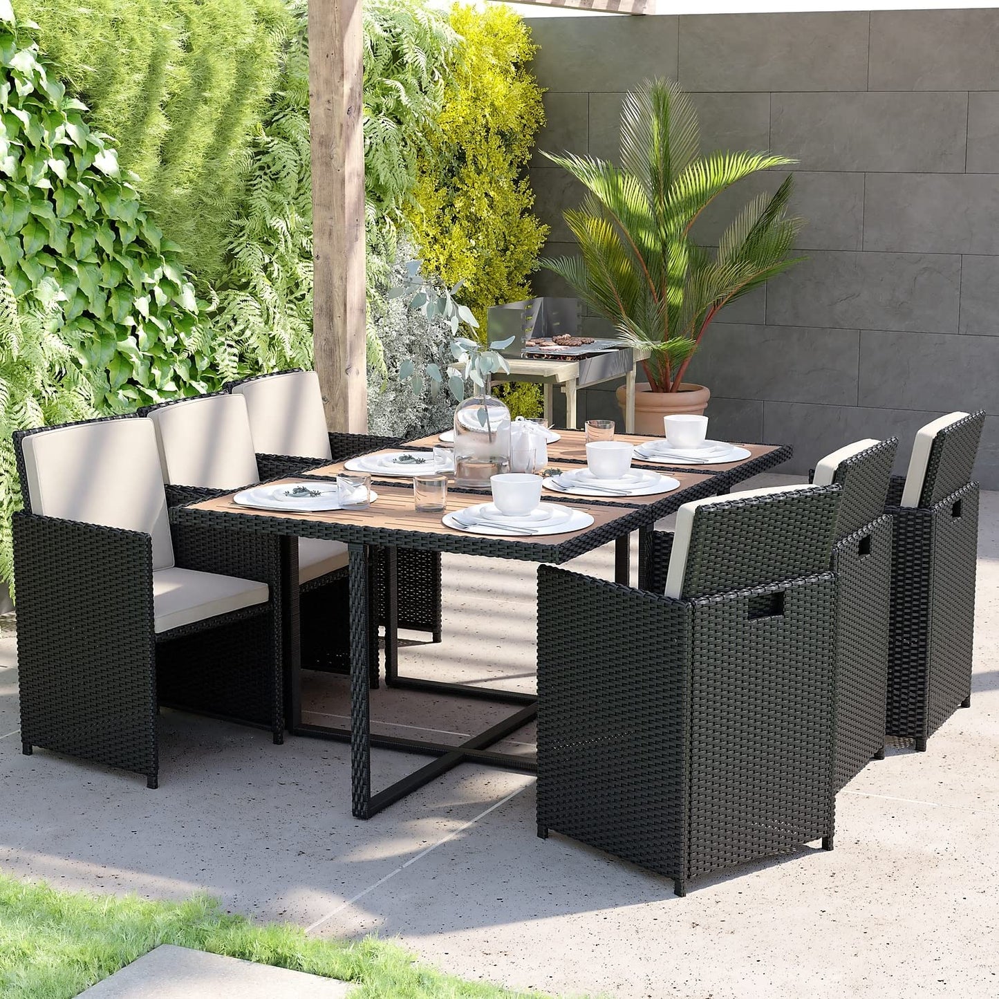 Flash Furniture Peregrine 7 Piece Outdoor Patio Dining Set - Space Saving Black Wicker Modular Chairs & Cream Cushions-Natural Finish Acacia Wood Table-Seating for 6