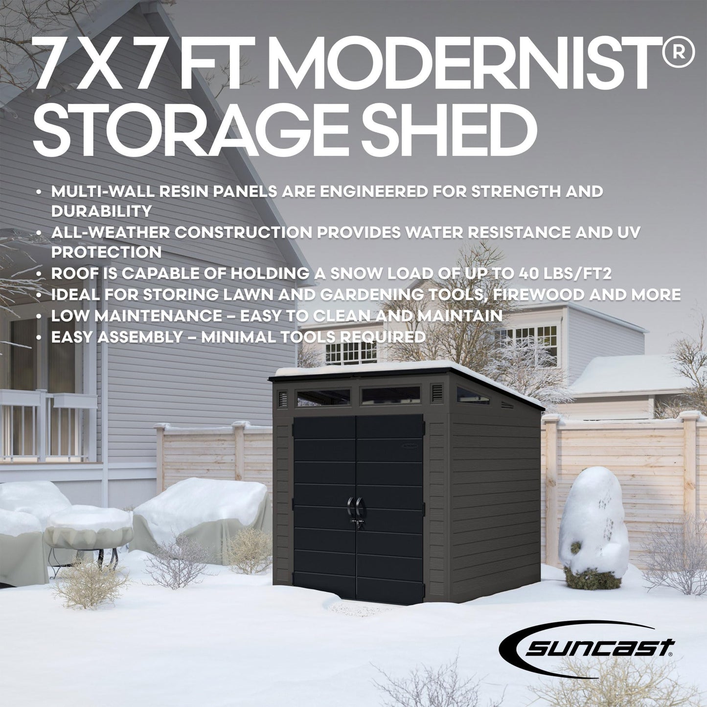 Suncast Modern Outdoor Storage Shed, 200 cu. ft. Peppercorn Resin Shed for Lawn Mower, Bikes, Utility Tools, Patio, & Yard. Weatherproof & Lockable Modern Sheds & Outdoor Storage, Made in USA