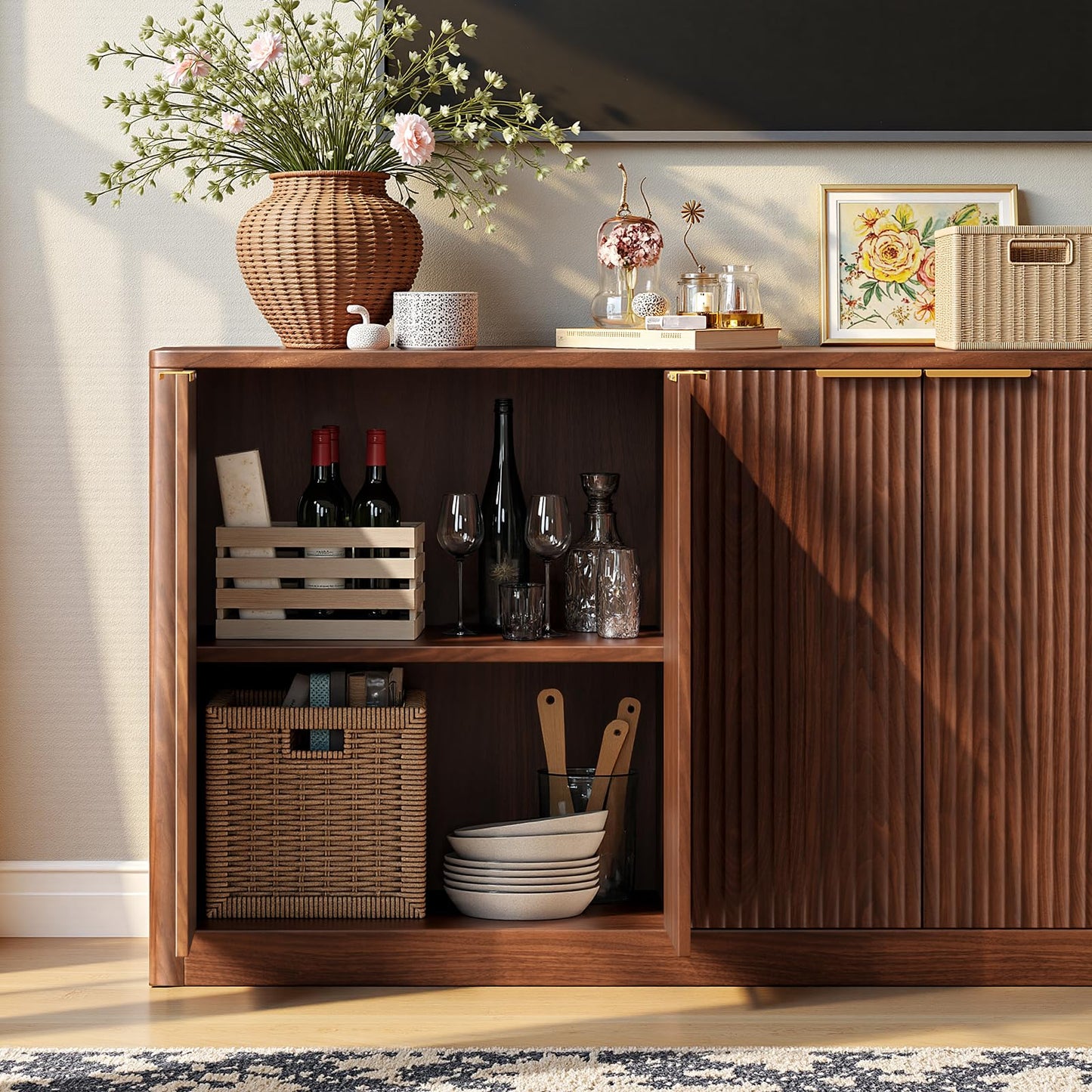 Evermagin 67" Walnut Fluted TV Stand for TVs up tp 75", Mid-Century Modern Entertainment Center with Storage Cabinets and Fluted Doors, Wood Media TV Consoles for Living Room and Bedroom Furniture