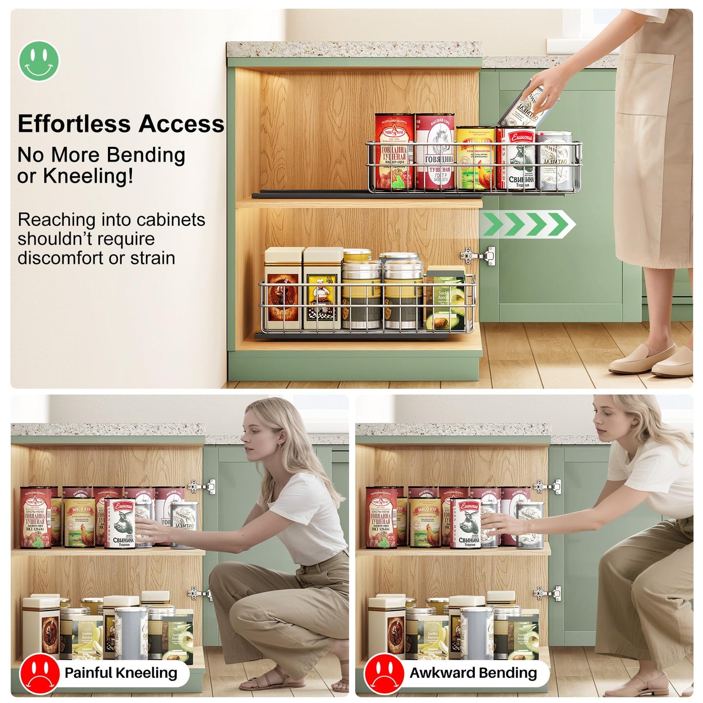Pull out Cabinet Organizer, Stainless Steel 4-Pack Slide out Drawer with Silent Full-Extension Slides, Adhesive Roll out Can Spice Storage Basket Shelf Rack for Pantry, Kitchen, Bathroom, Home Closet