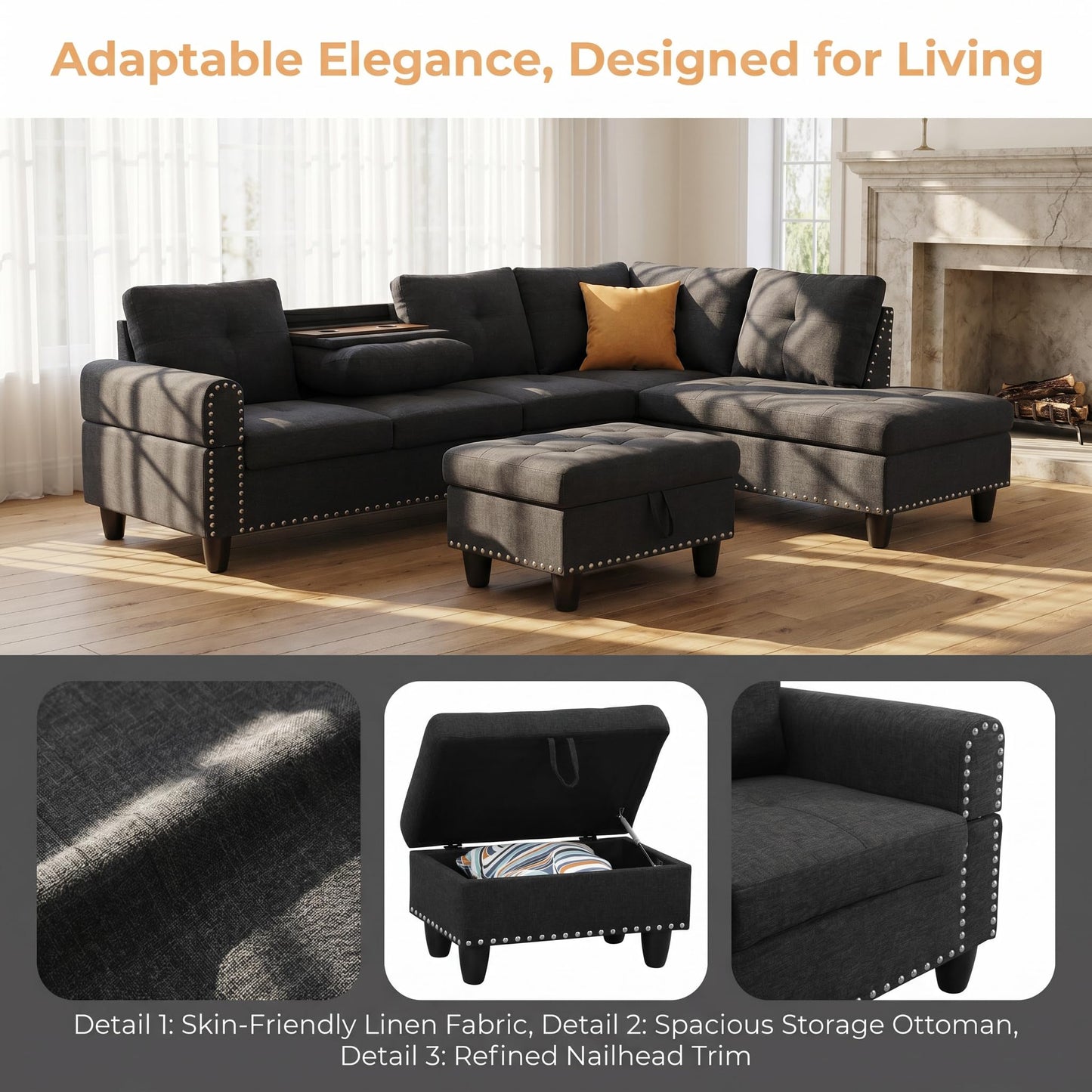 Trygoal 97.5" Linen L Shaped Couch with Right Chaise & Cup Holder, Sectional Sofas Modular Furniture Set with Storage Ottoman, Convertible Couches for Living Room, Small Space & Office (Black)