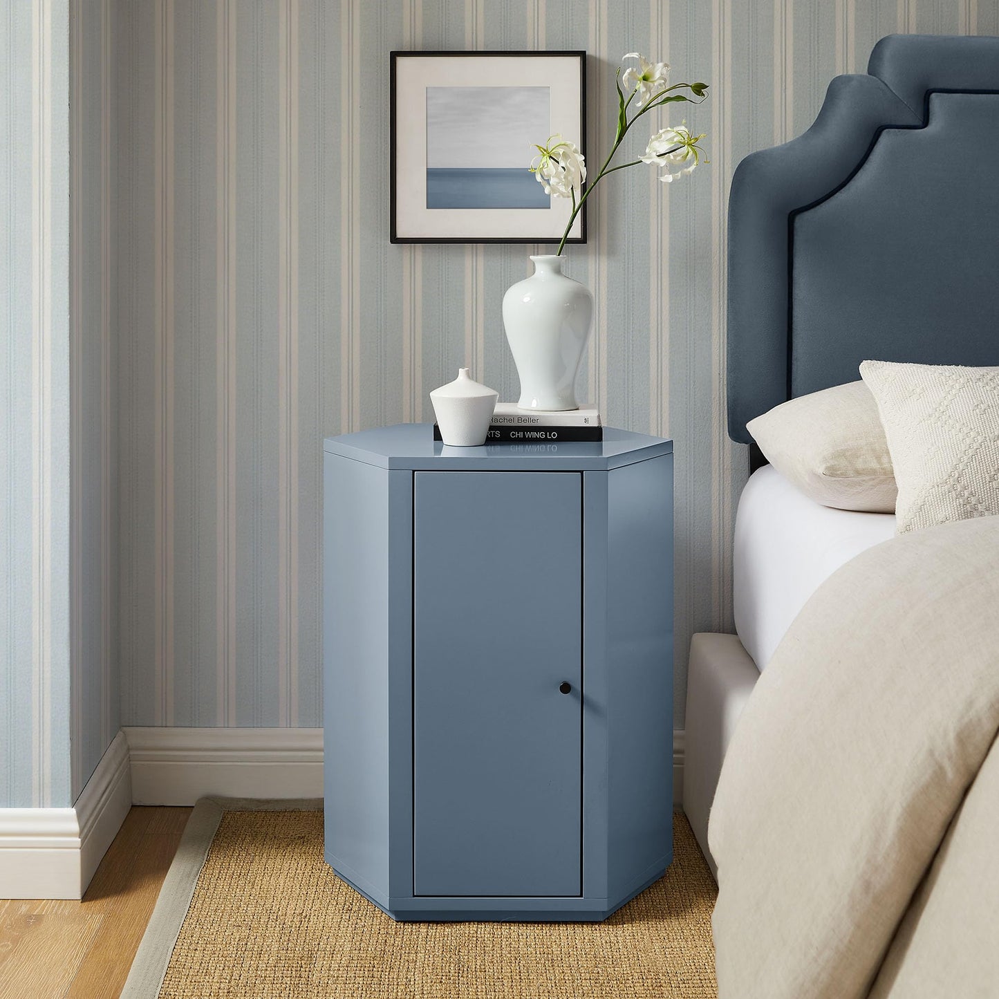 Modway Kade Solid Wood Side Table in Stillwater Blue – Modern Faceted Nightstand – Geometric End Table with Cabinet Storage and Interior Shelf
