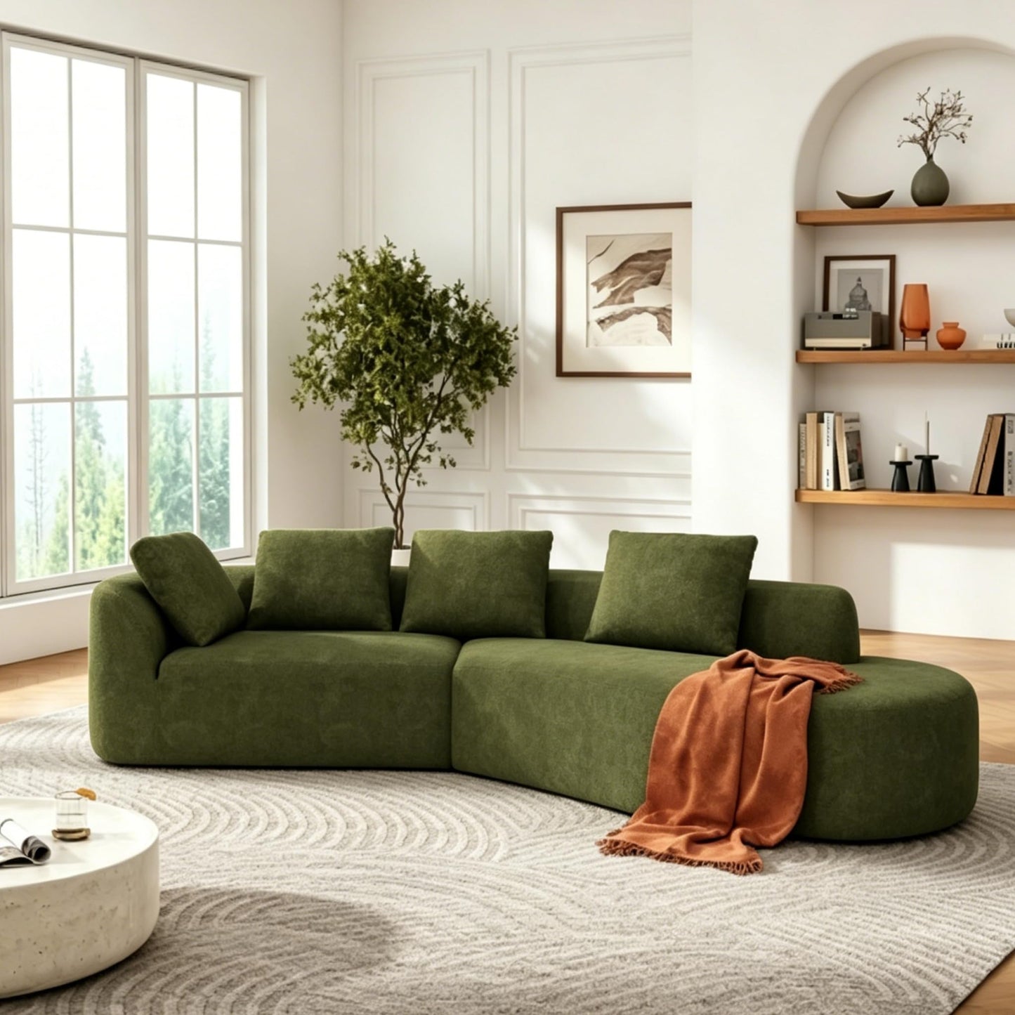 Merax 116" Curved Polyester Sectional Sofa, Modern Pearl Upholstery 3 Seat Cloud Couch with Chaise Lounge & 4 Pillows for Living Room, Green