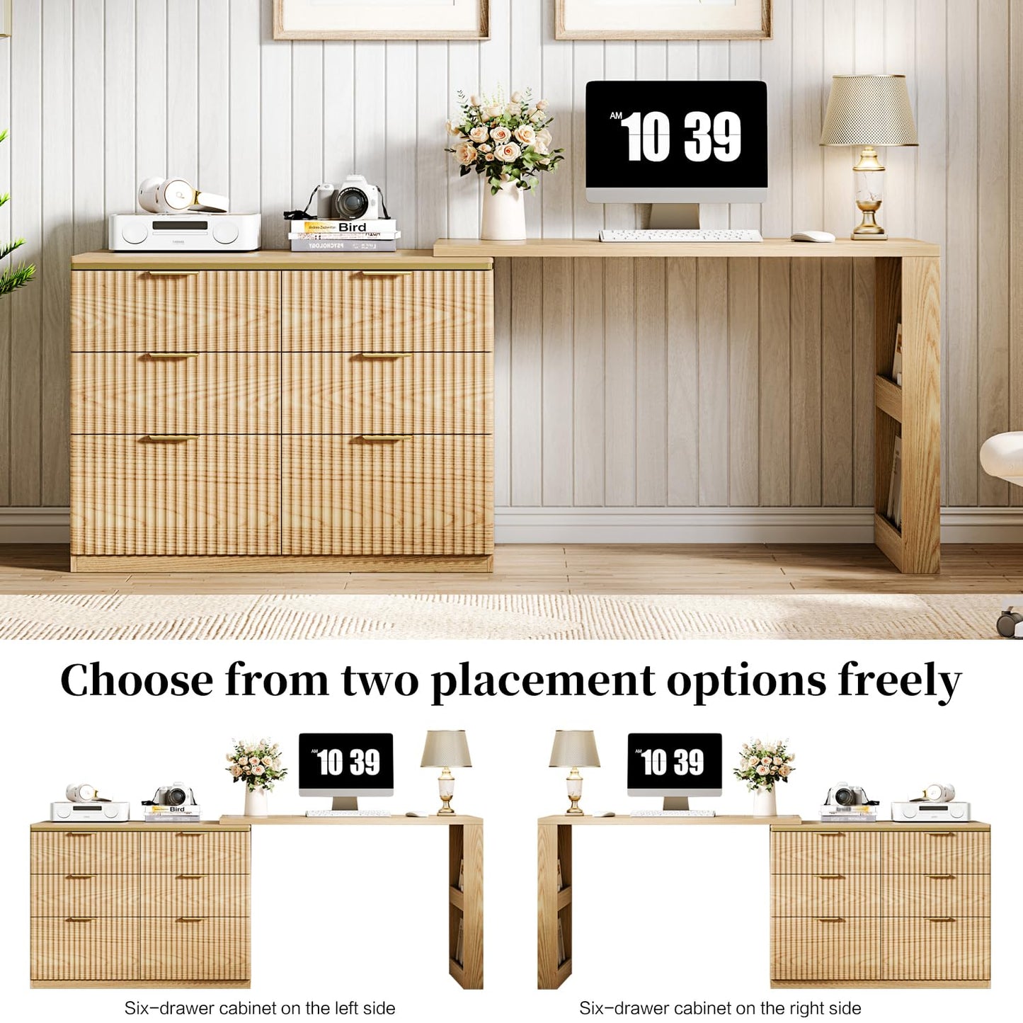 Ieejdn L Shaped Expandable Desk,47" Home Office Desks, Executive, Farmhouse Computer Desk with 6 Drawers File Drawer, Rustic Computer Writing, Oak
