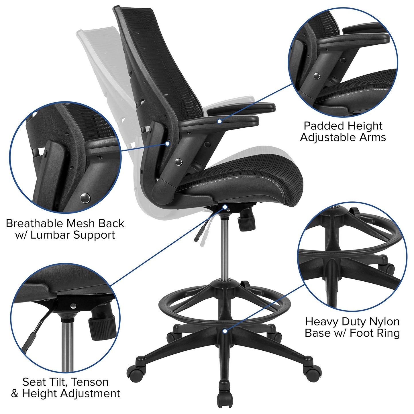 Flash Furniture Kale High-Back Ergonomic Mesh Office Chair with Flip-Up Arms and Adjustable Foot Ring, Spine-Back Tall Executive Swivel Chair, Black