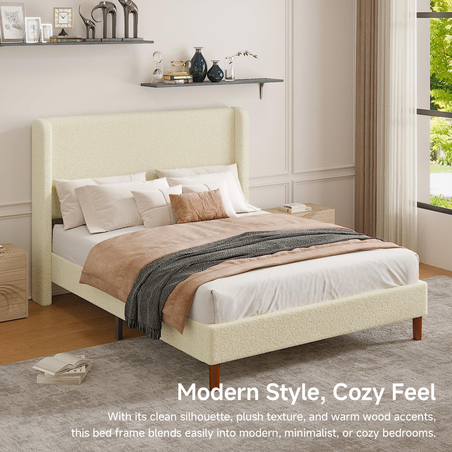 Lcwtvgxr Full Boucle Upholstered Platform Bed Frame, Beige