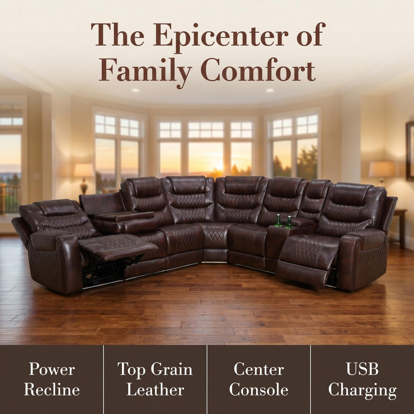 Trygoal Power Reclining Sectional Sofa Set, Modern L-Shaped Couch with Recliner, 4 Seat Power Reclining Sofa, Reclining Sectional Couches for Living Room, Home, Office, Leather, Dark Red