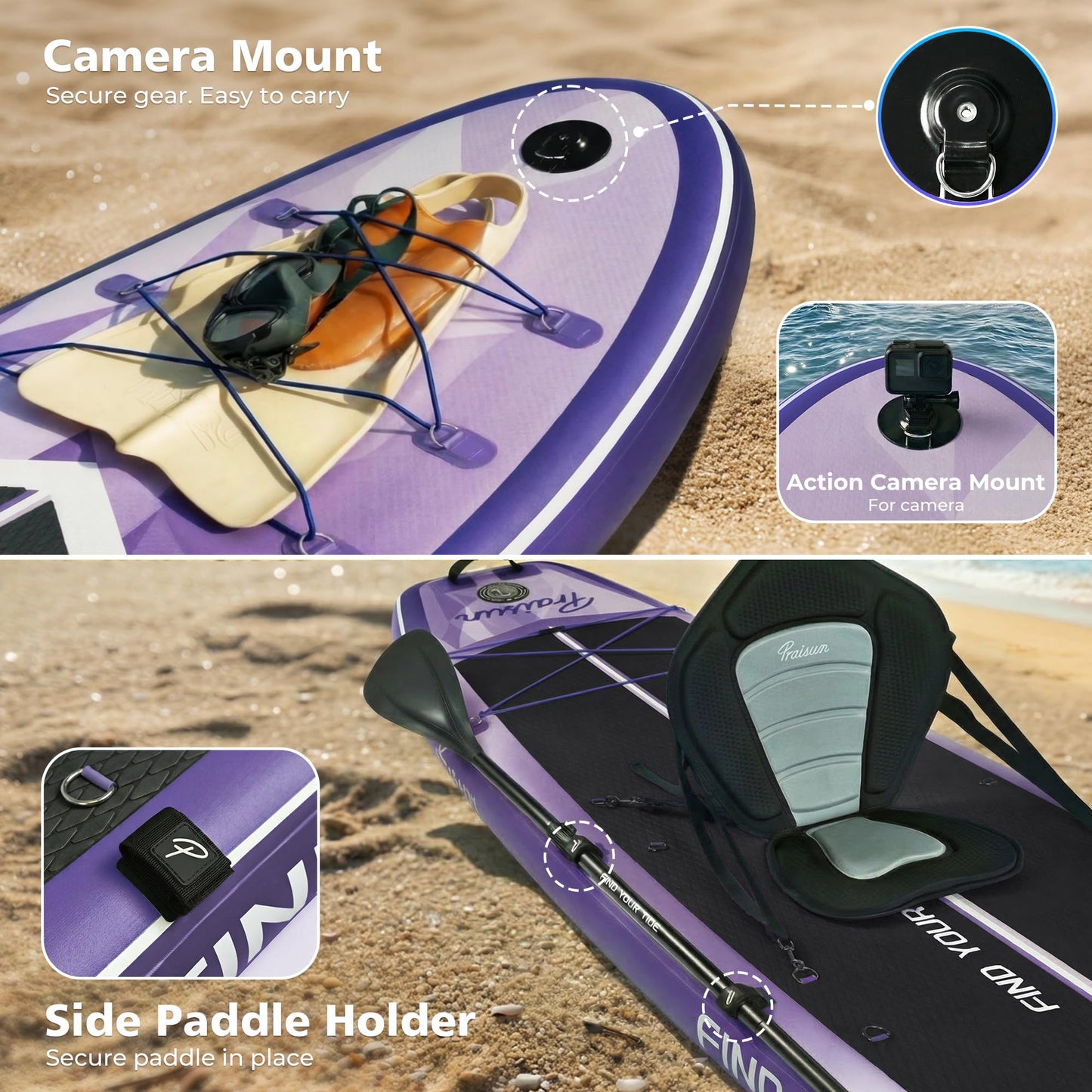 PRAISUN 12’ x 35” Inflatable Paddle Board, 450lbs Extra Wide Stand Up Paddleboard for Youth/Adults of All Skill Levels, Stable SUP with Seat & Full Kit, for Fishing, Yoga, Lake & Ocean, Purple