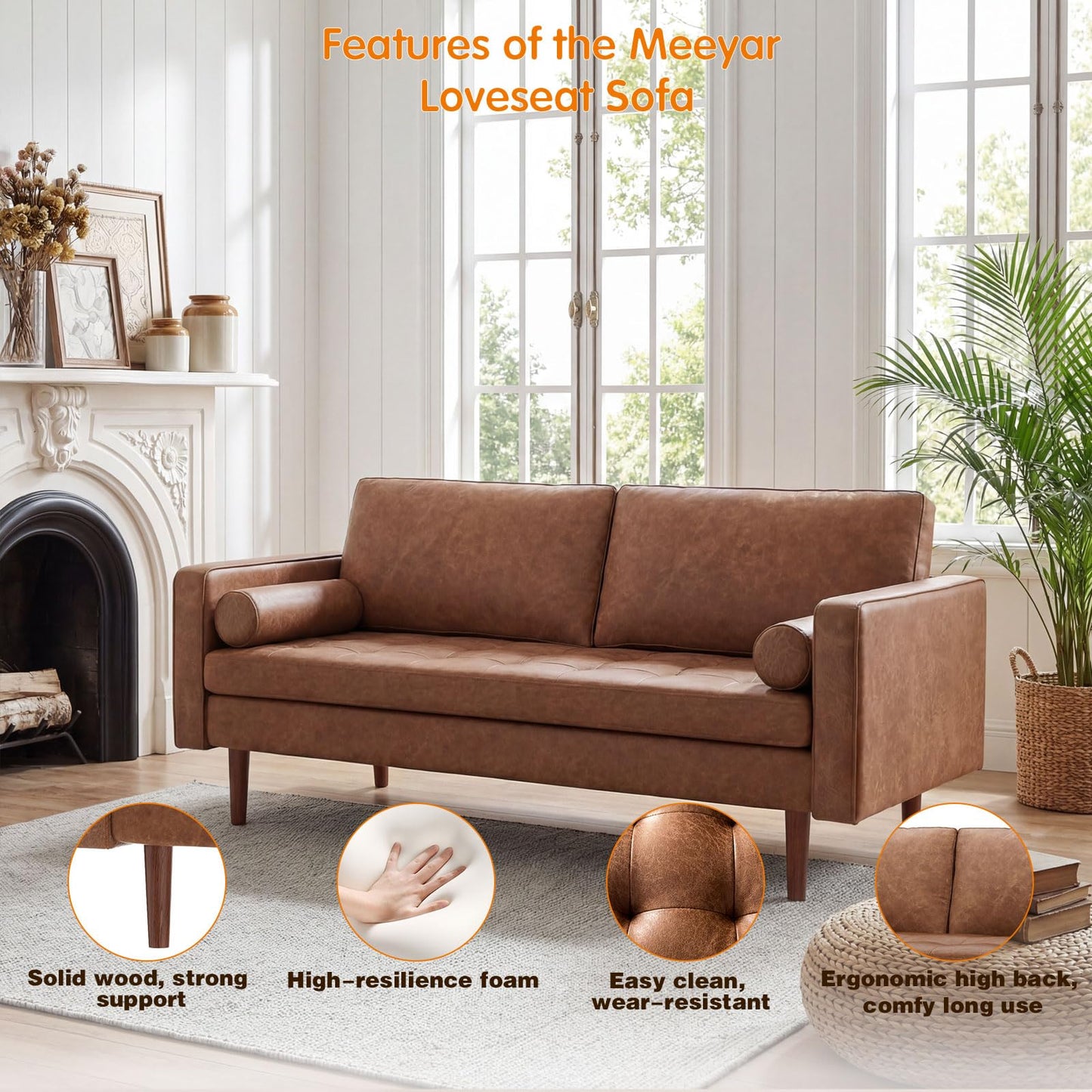 Meeyar 70" Mid-Century Modern Faux Leather Sofa, Comfortable Button Tufted Loveseat Couch with Bolster Pillows & Solid Wood Legs for Living Room, Apartment, Office, 1100lbs Capacity, Brown