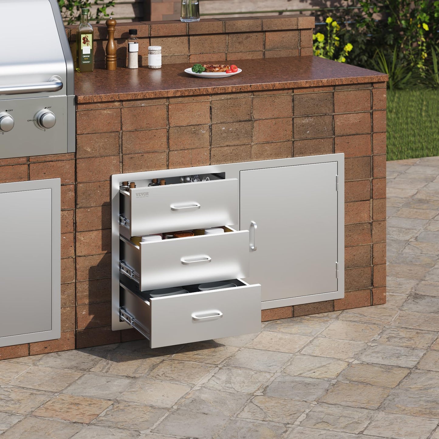 Vevor Outdoor Kitchen Door Drawer Combo 38.1''W x 22.6''H x 20.8''D, BBQ Access Door/Triple Drawers Combo with Stainless Steel Handles, Perfect for BBQ Island Patio Grill Station