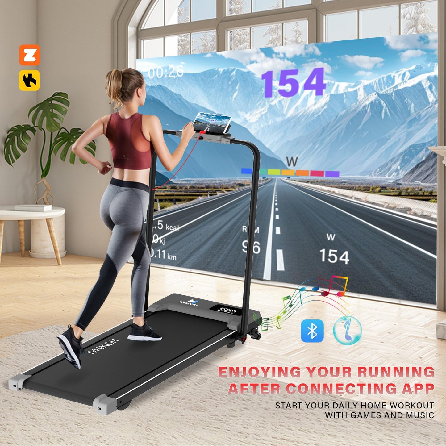 HOWHAI Walking Pad, Treadmill with Incline, Brushless 2 in 1 Foldable Under Desk Portable Treadmills for Home/Office with App, Bluetooth Music, Remote Control & LED Display (300lbs Capacity)