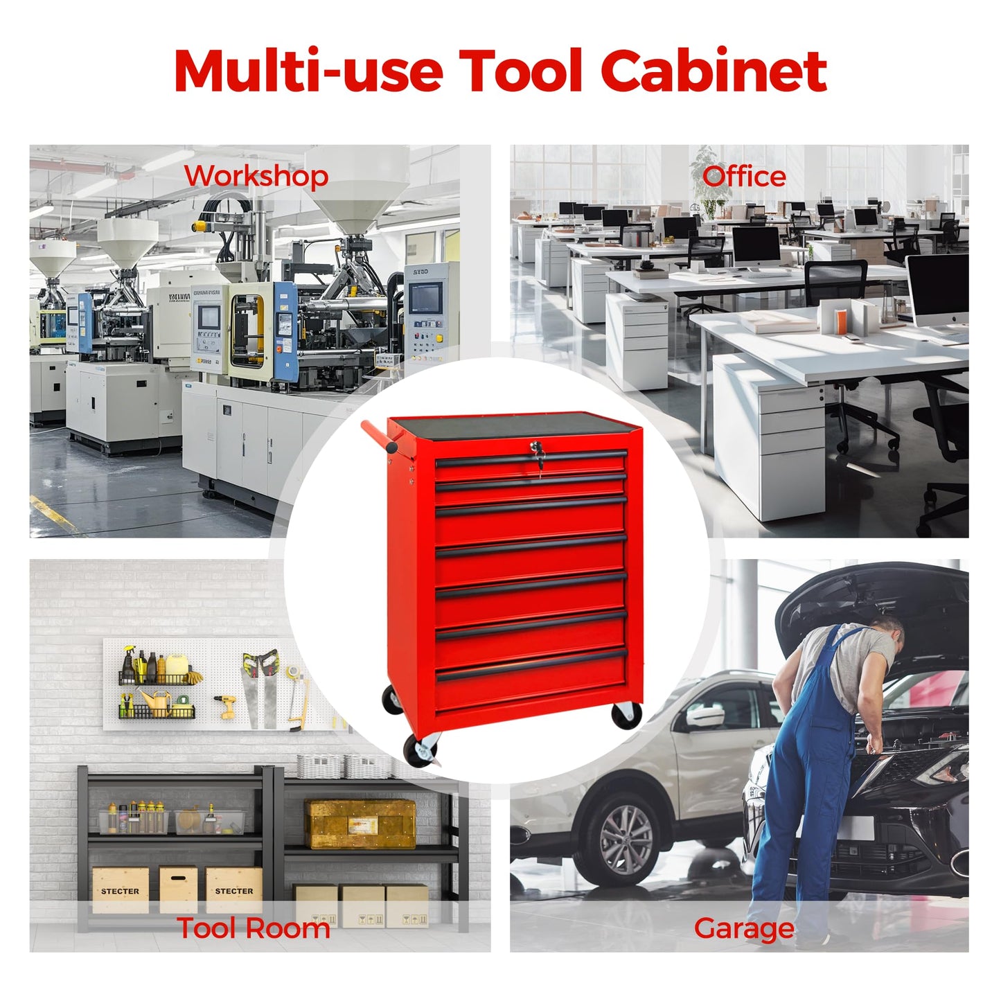 KEIKI 20 Inch Rolling Metal Tool Chest with 7 Drawers, Heavy Duty Steel Tool Cabinet on Wheels, Ball Bearing Slides Lockable Storage Cart Organizer for Garage Workshop Mechanic Repair, Red