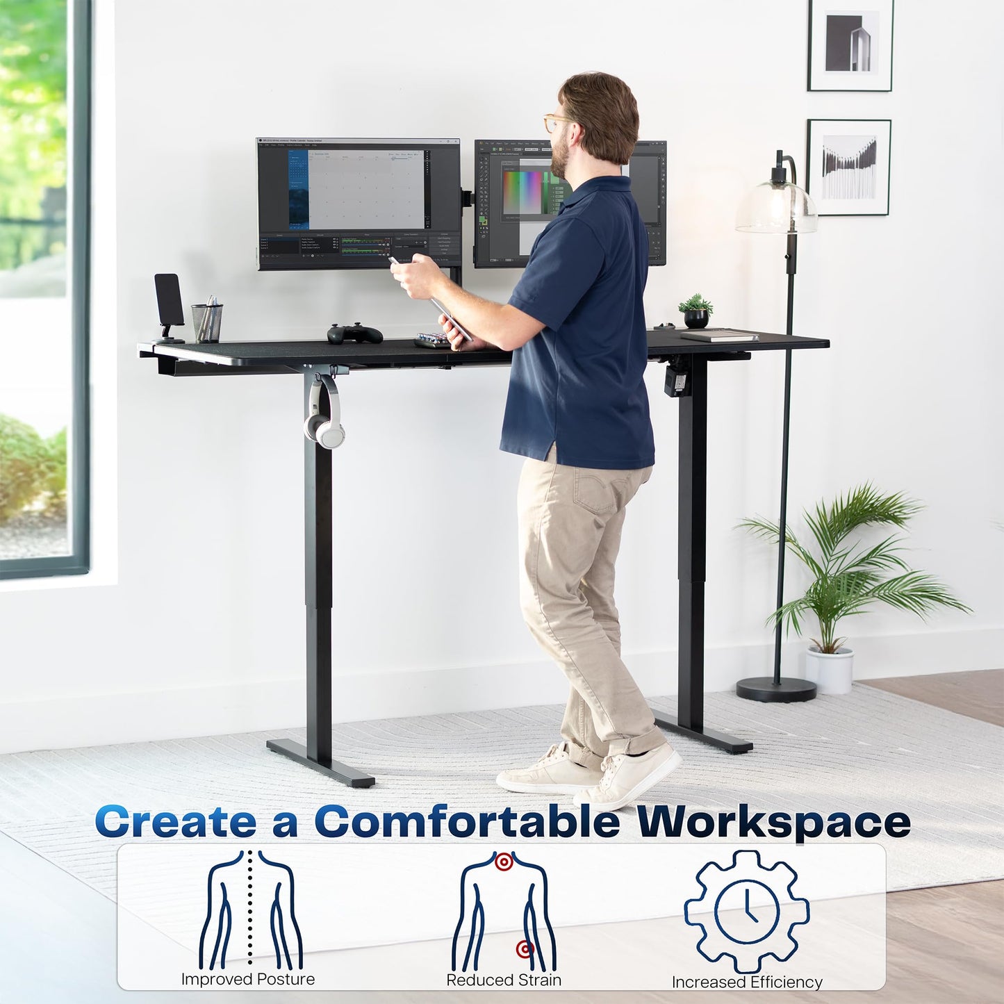 VIVO Electric 71 x 30 in Standing Adjustable Gaming Desk with Hidden Cable Trays, Full-Size Mouse Pad, Holds 220 lbs, Black Top Black Frame, DESK-KIT-1B6-P3B-71