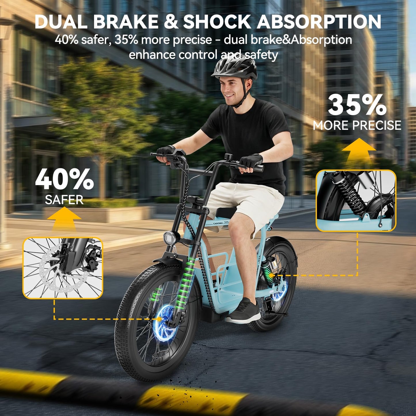 Caroma Electric Scooter for Adults with Seat Peak 1000W, 20" All-Terrain Fat Tire Electric Bike,Dual Shock Absorbing, 25 Miles & 20MPH Top Speed E-Scooter with Basket for Pet&Cargo,Blue