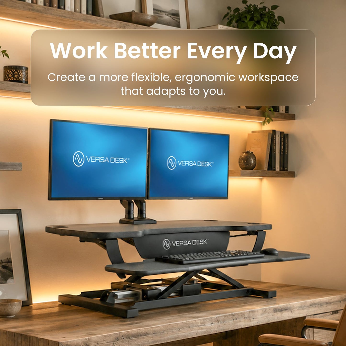 VERSADESK PowerPro 40 Inch Electric Standing Desk Converter – Push-Button Height Adjustable Sit to Stand Desk Riser for Triple Monitors & Laptop – Motorized Desktop Workstation with Wide Keyboard Tray