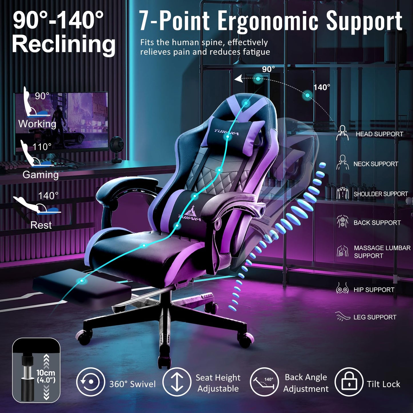 TUKAKA Gaming Chair,Ergonomic Massage Computer Office Desk Chair with Footrest,Pocket Spring Cushion,Reclining Leather Adjustable Gamer Chair with Headrest and Lumbar Support,Purple