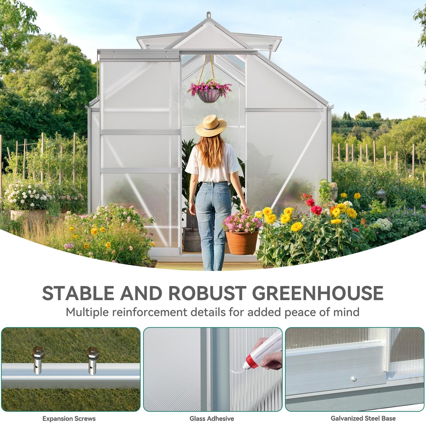YITAHOME 6x6FT Polycarbonate Greenhouse Heavy Duty Green Houses Outdoor Greenhouses Aluminum Sliding Doors Vent Window Large Sun House for Garden Backyard, Silver