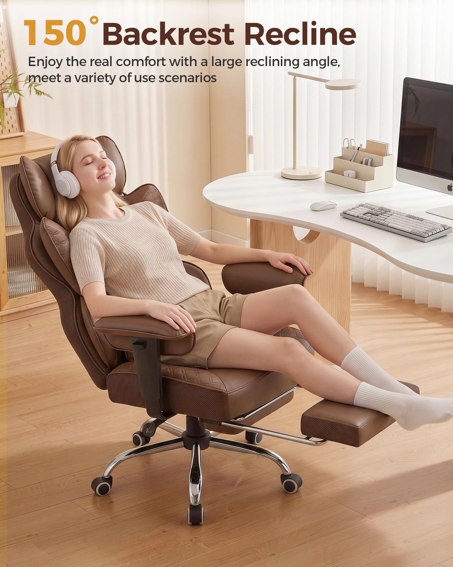 COMHOMA Big and Tall Office Chair Heavy Duty Gaming Chair with Deluxe Embossing Leather High Back Wider Ergonomic Computer Chair with Foot Rest 150°Reclining Pocket Spring Lumbar Support