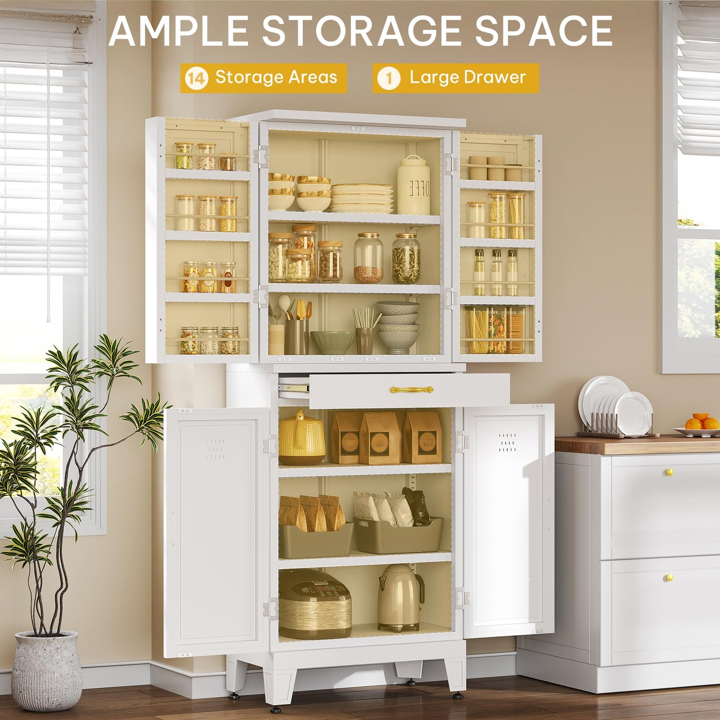 DWVO Metal Storage Cabinet, 71" Kitchen Pantry Cabinet with 4 Door & 4 Adjustable Shelves & Drawer & Door Rack, 6-Tier Tall White Steel Cabinets for Kitchen, Living Room, Dining Room