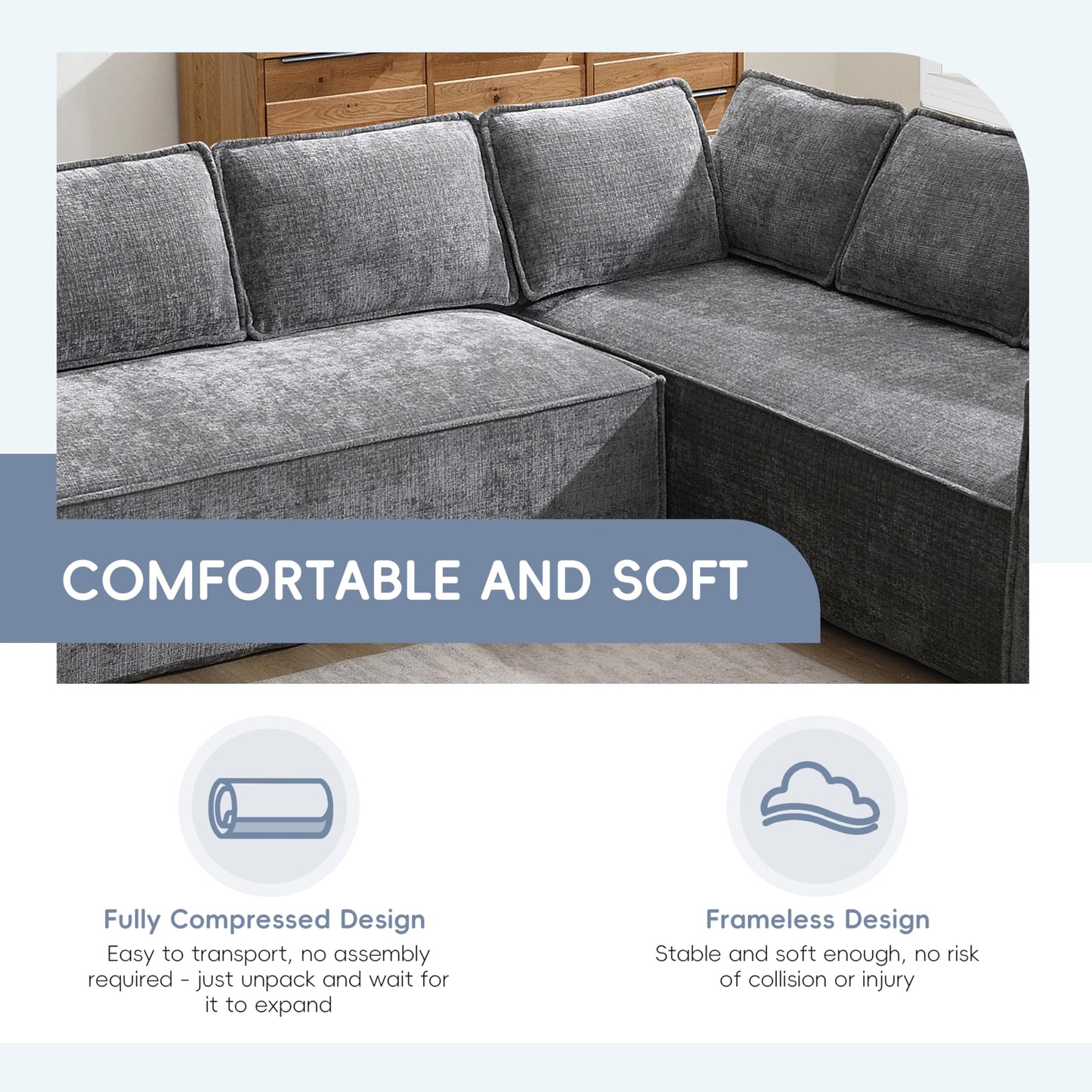 Merax Modern L-Shaped Convertible Sectional Sofa with Cushions, Floor Modular 6-Seat Couch Set with Chaise for Living Room, No Assembly Requiered, Wrinkle-Resistant, Gray