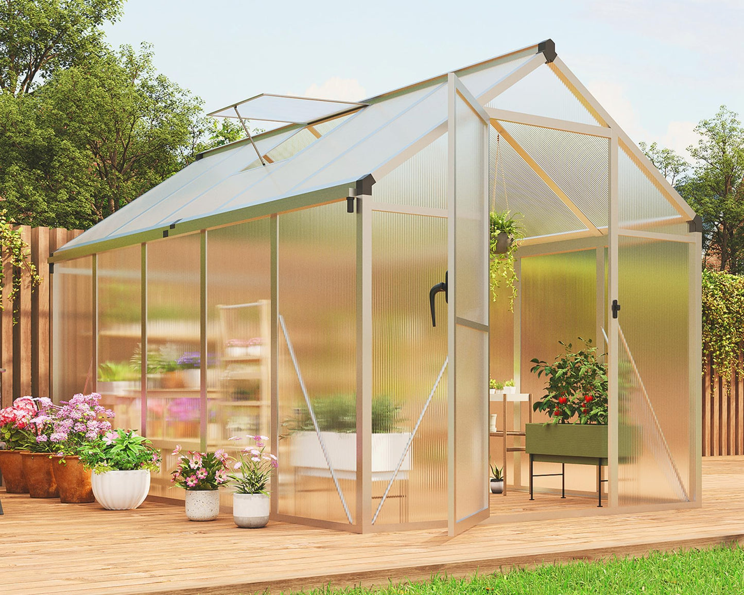 6x10 FT Greenhouse for Outdoors, Polycarbonate Greenhouse with Roof Vent, Ground Nails, Lockable Push Door, Aluminum Large Walk-in Green House for Outside Garden Backyard, Patio, Lawn, Silver