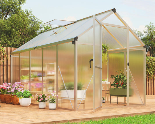 6x10 FT Greenhouse for Outdoors, Polycarbonate Greenhouse with Roof Vent, Ground Nails, Lockable Push Door, Aluminum Large Walk-in Green House for Outside Garden Backyard, Patio, Lawn, Silver