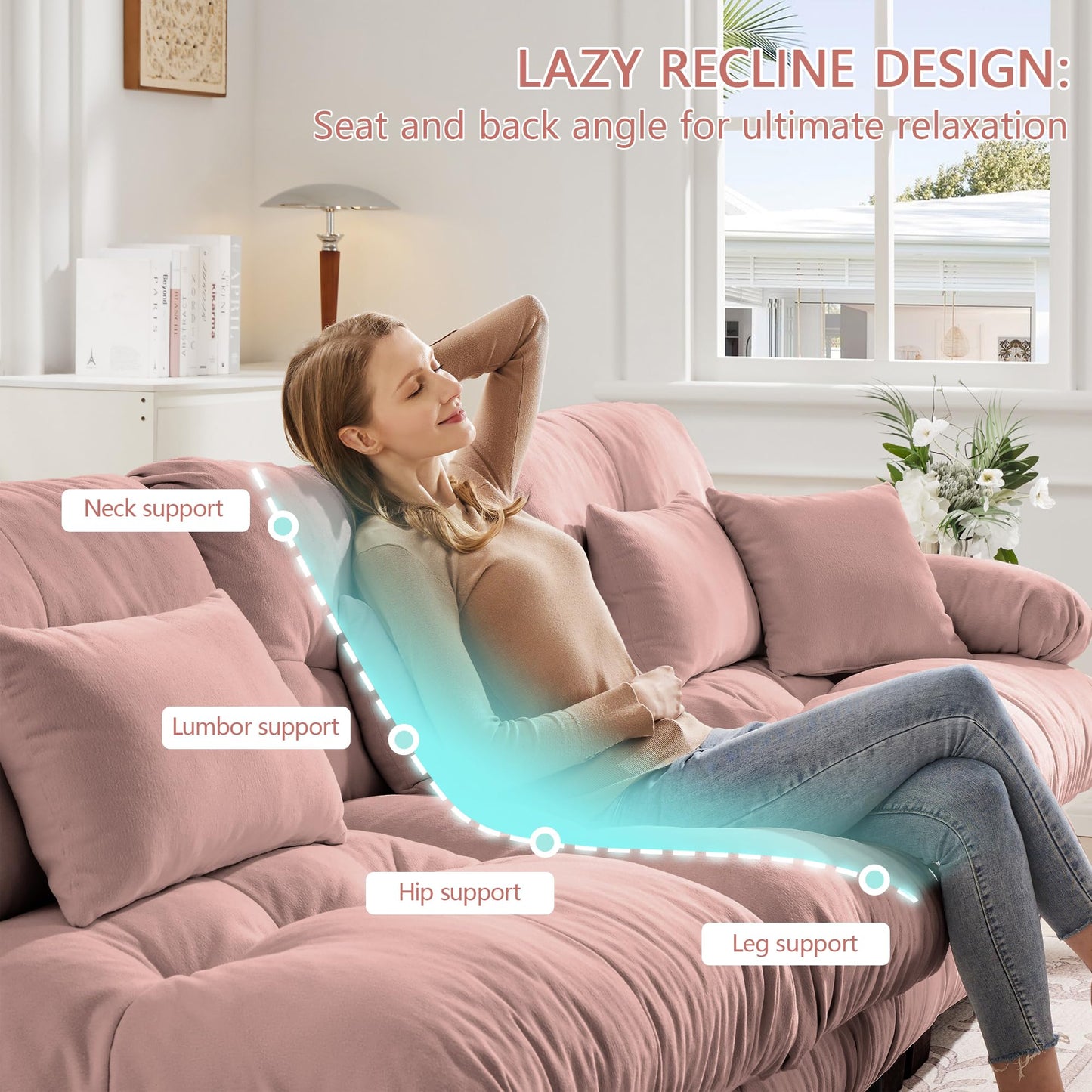 KEIKI 94 Inch Cloud Couch Sectional Sofa, Convertible L-Shaped Sleeper Sofa Set with Movable Ottoman, 3-Seater Chenille Upholstered Sofabed for Living Room Lounge, Deep Seating, Easy Assembly, Pink
