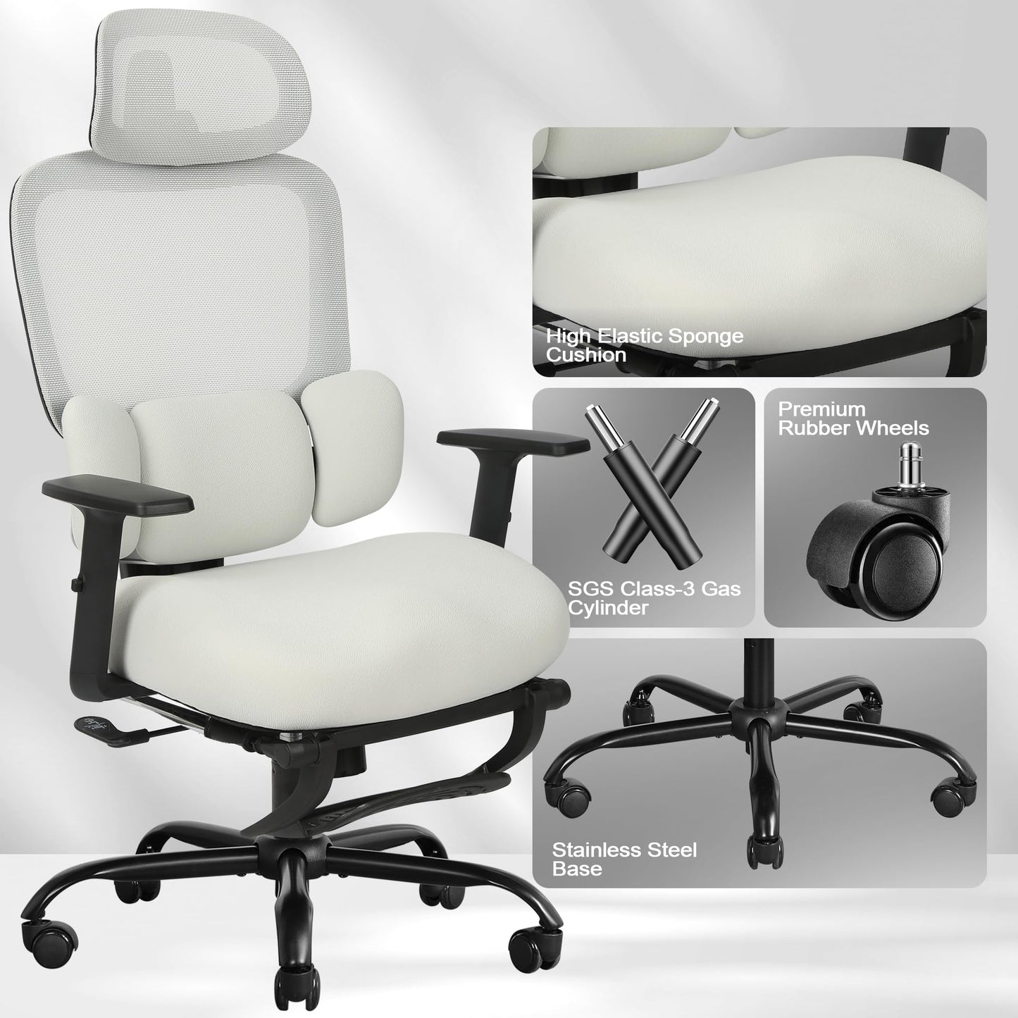 Ergonomic Office Chair with Footrest, Mesh Desk Chair with Adjustable Headrest & Armrests & Dynamic Floating Wing Lumbar Support, High Back Computer Chair for Home Office, BIFMA Certified, Grey