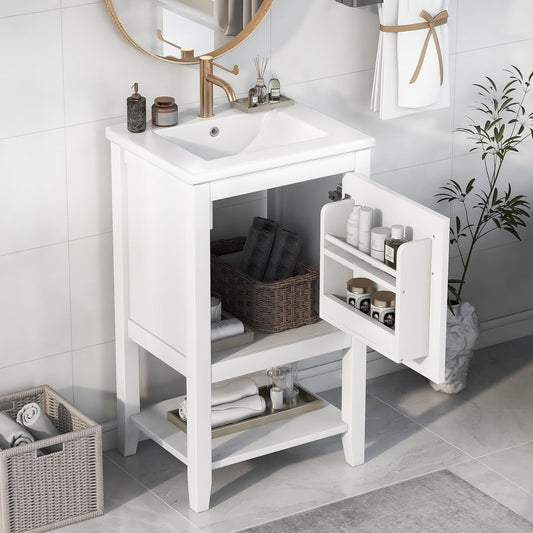 20" Small Bathroom Vanity with Ceramic Sink Top and Open Shelf, Soft-Closing Door and Rack Shelf, Solid Wood Legs, White