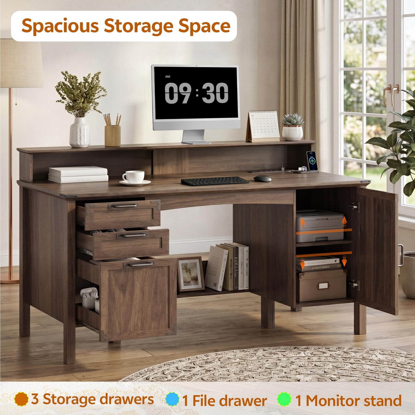 Homiflex Farmhouse Office Desk with Power Outlet & Monitor Stand, 63'' Home Computer Desk with 2 Drawers, File Cabinet, Storage Cabinet, Executive Desk for Work, Study, Writing, Gaming, Walnut