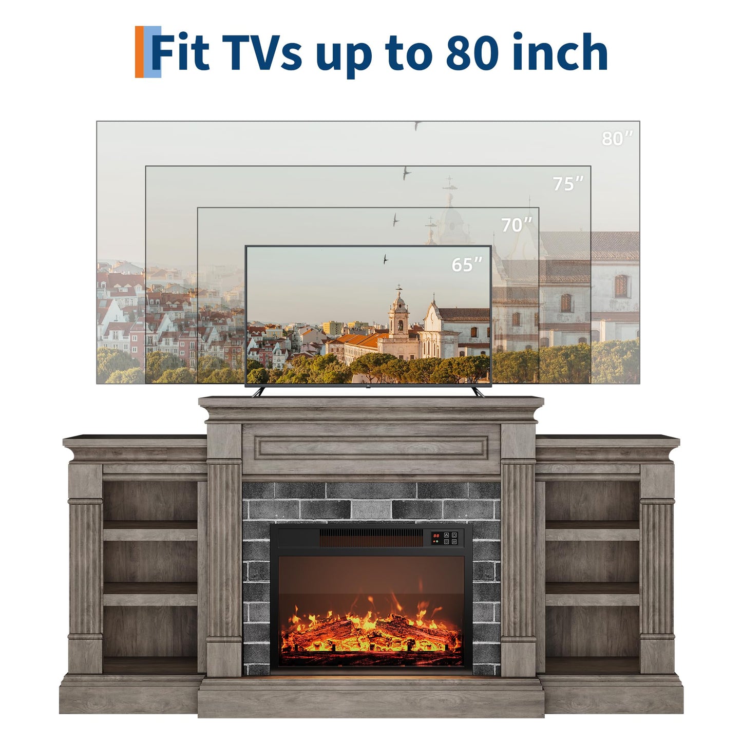 GAOMON 71 Inch Fireplace TV Stand, Wooden Entertainment Center with 23 Inch Electric Fireplace, 3D Realistic Flame, Farmhouse Media Console with Storage Cabinets for Living Room, White+Brow