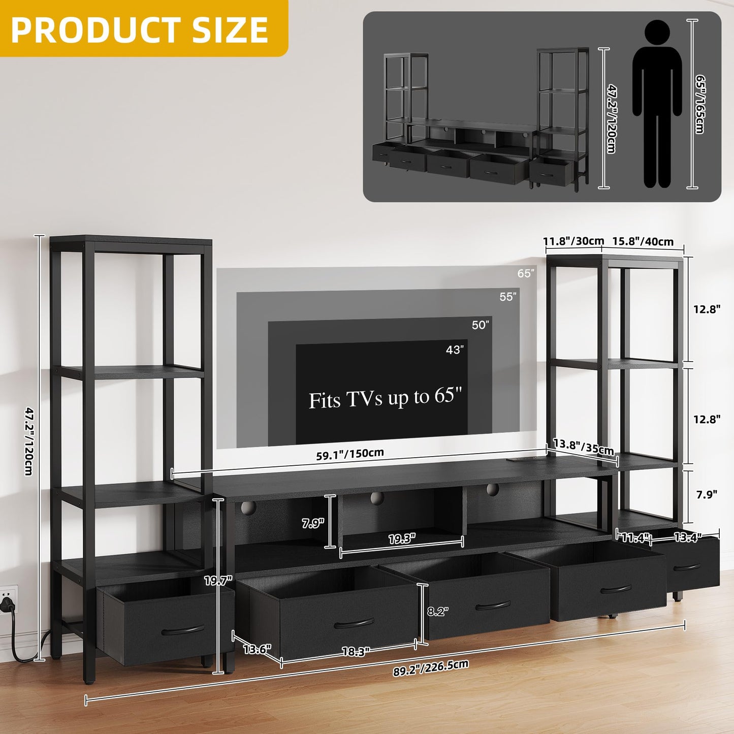 DWVO Entertainment Center with Bookshelves, LED TV Stand for 65/60 inch TV, Black TV Stand for Living Room with 2 Modern 4-Tier Bookshelves & Power Outlets, Black