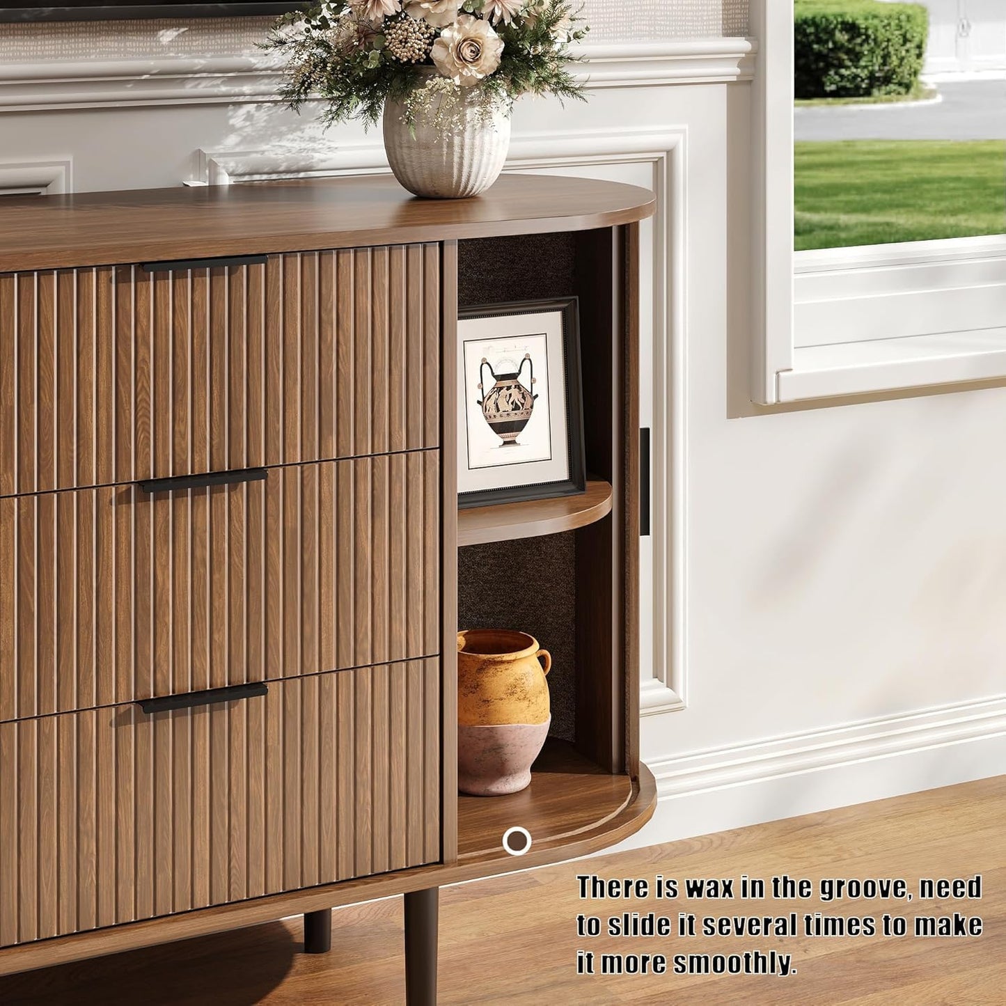 BVIUNTWO 63" Wide Fluted 6 Drawer Dresser for Bedroom, Modern Wood Chest of Drawers with Metal Handles, Curved Edge Design, Large Storage Credenza Cabinet for Living Room, Hallway, Brown