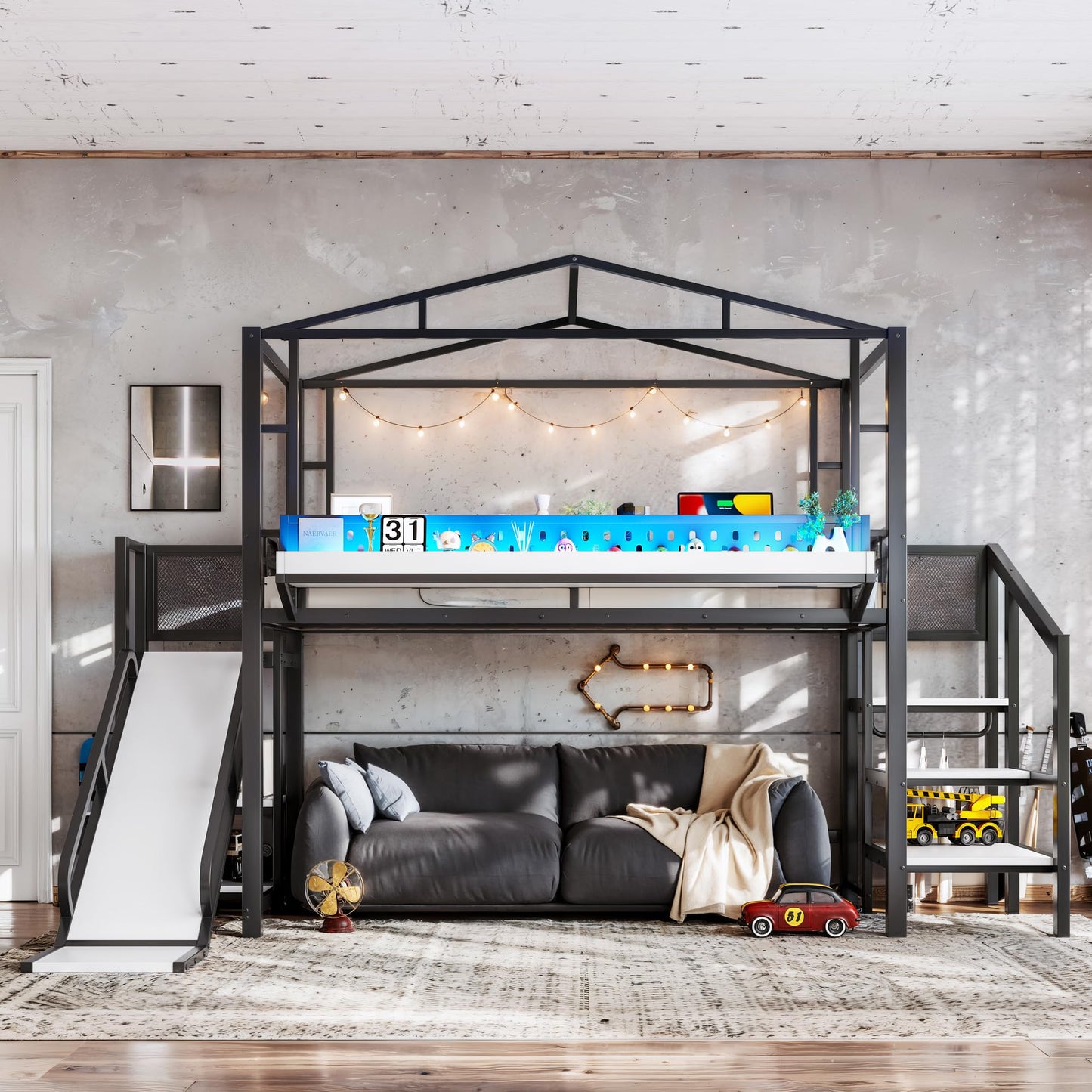 Twin Size Loft Bed with Storage Stairs, Shelves, Bedside Shelf and Wardrobe, Twin Loft Bed with Slide, Charging Station(USB Port, Outlets) and LED Light, House Loft Beds Frame for Girls, Boys, Black