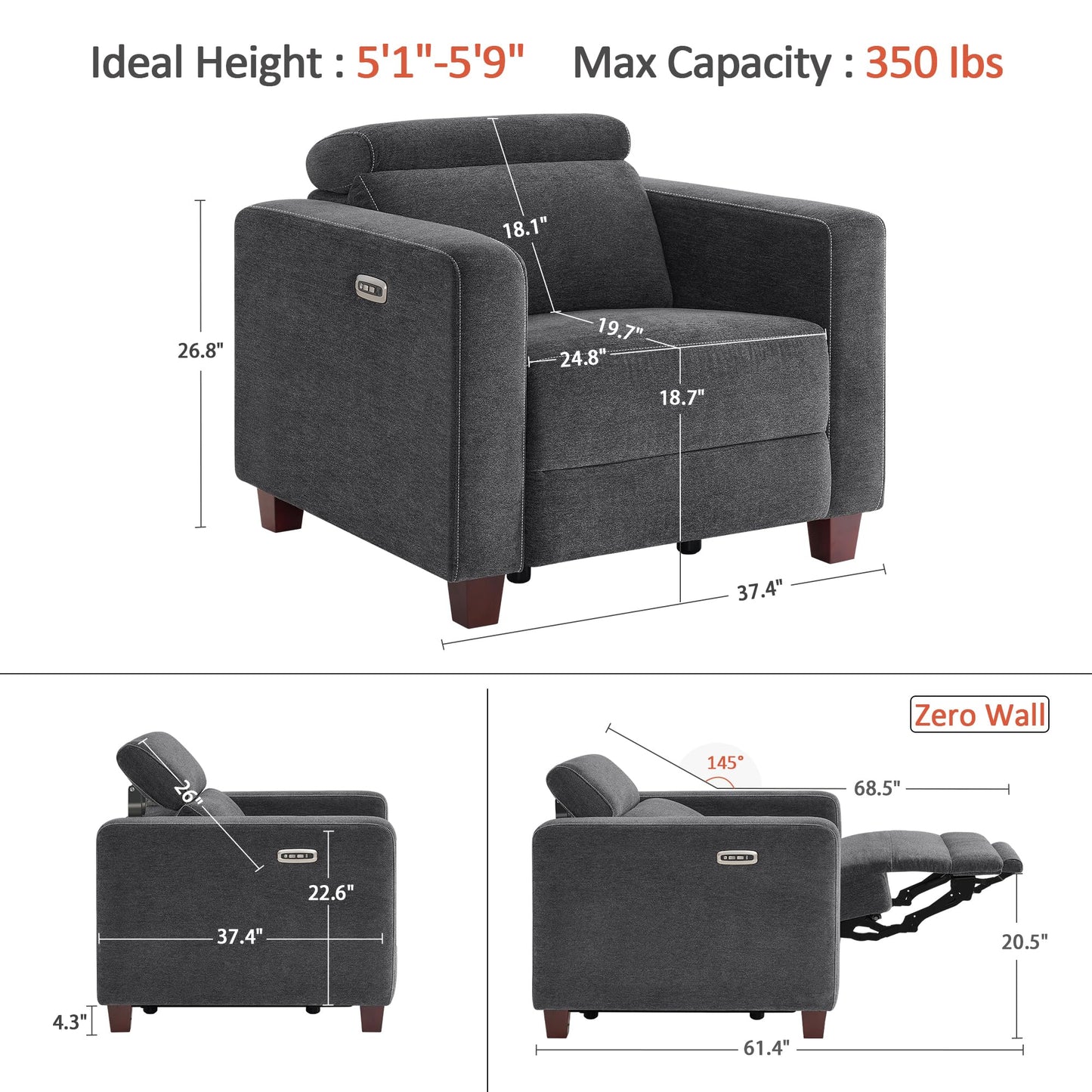 MCombo Zero Wall Recliner Chair, Wall Hugger Power Recliner Chair with Adjustable Headrest, High Wood Leg, USB & Type C Dual Charge Ports, for Living Room, Small Spaces, HL128 (Textile, Dark Grey)