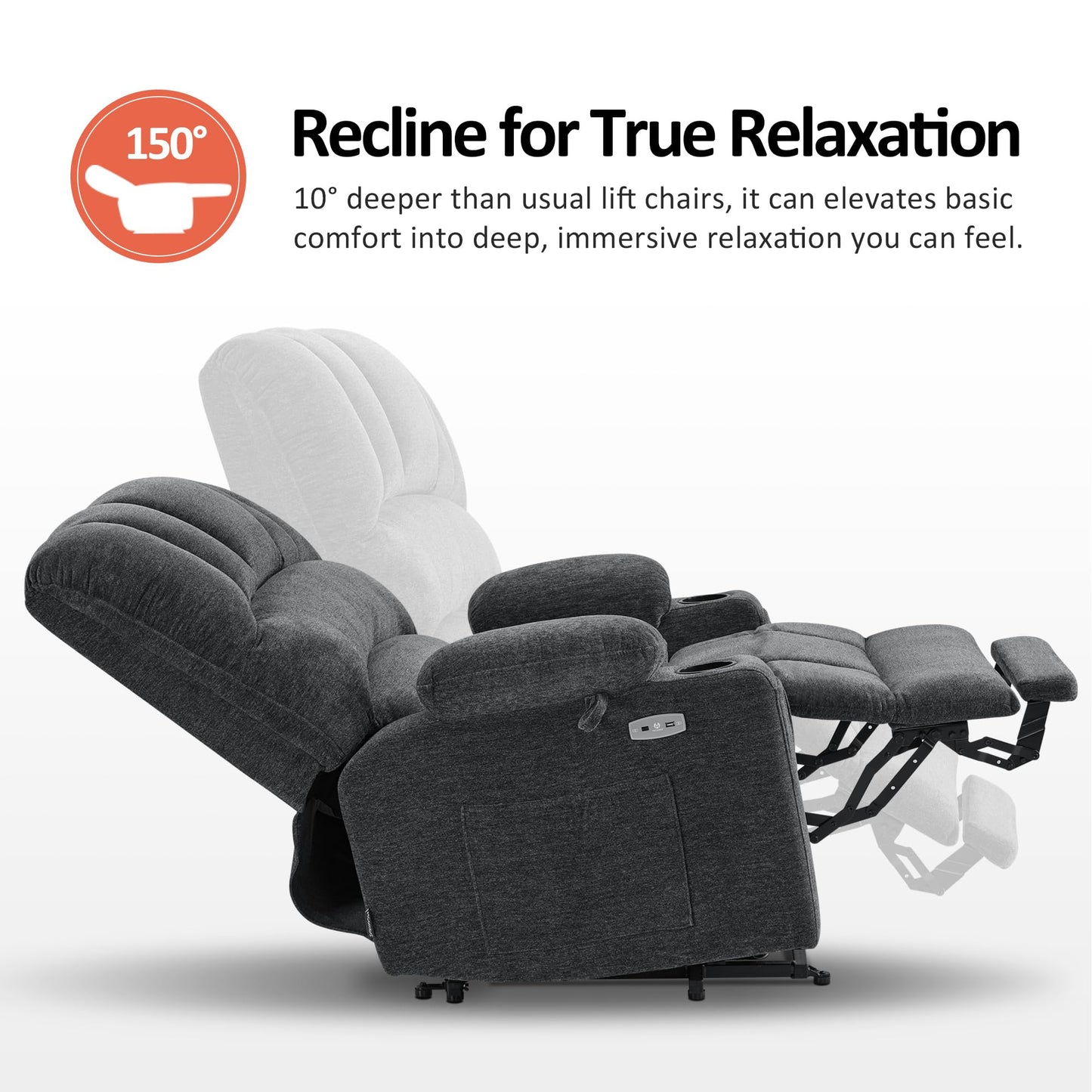 MCombo Power Lift Recliner Chair for Elderly, Lift Chair with Heat and Massage, 150° Max Recline, Extra Wide Lift Recliner for Big People, Fabric R7096 (Medium-Wide, Dark Grey)