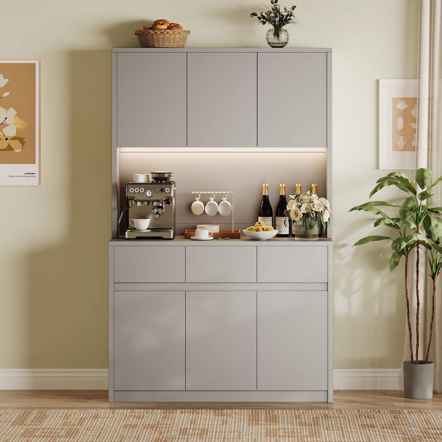 71" Kitchen Pantry Cabinet,Tall Storage Cabinet with Doors & Shelves Adjustable, Kitchen Storage Hutch with Microwave Shelf,Coffee Bar,Led Lights&Charging Station,Corner Pantry Cabinet for Living Room