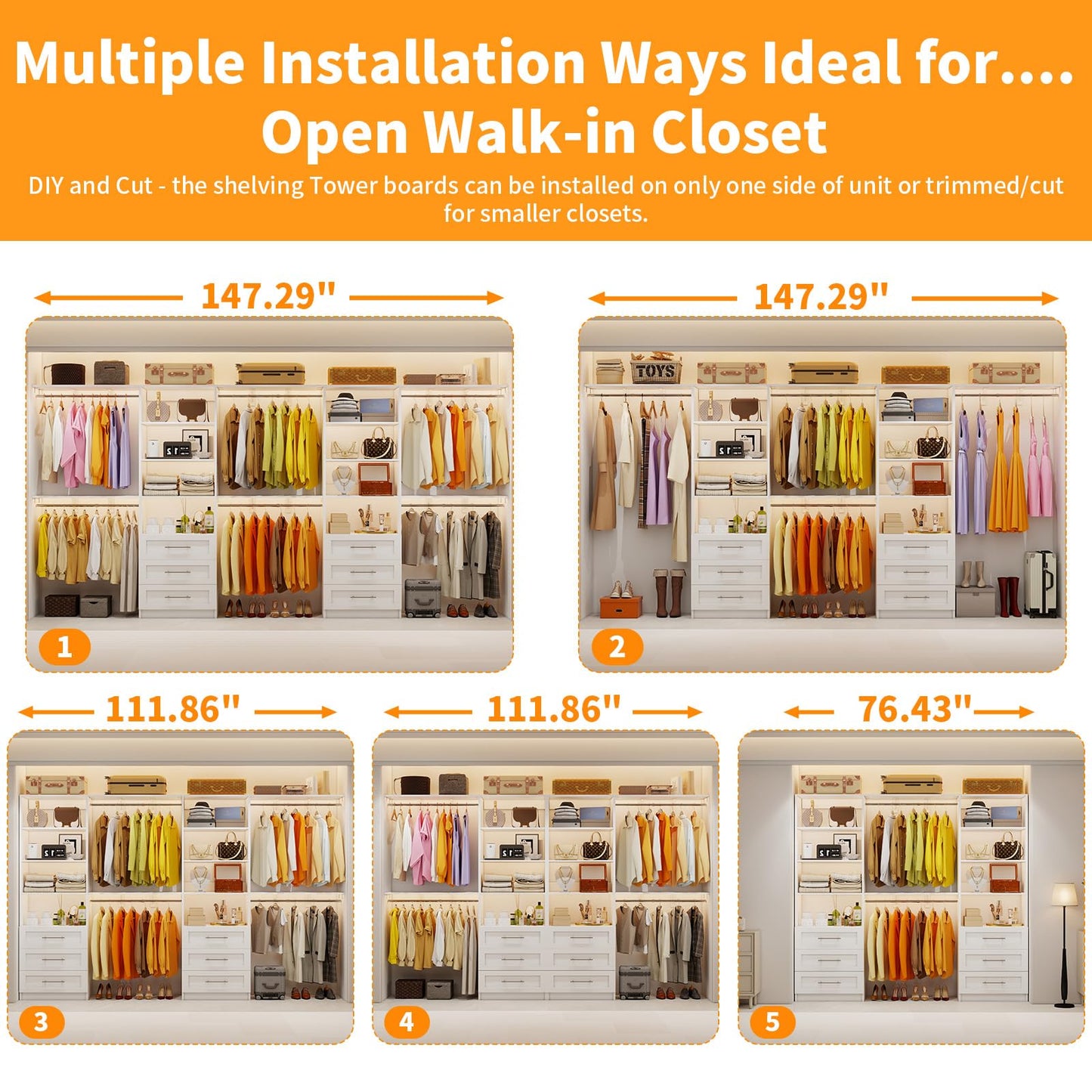 secilix Closet System with 6 Wood Drawers, 6-12FT Closet Organizer System with Cuttable Shelves for Walk in Closet with 6 Expandable Hanging Rods, Heavy Duty Built-in Closet for Bedroom, White
