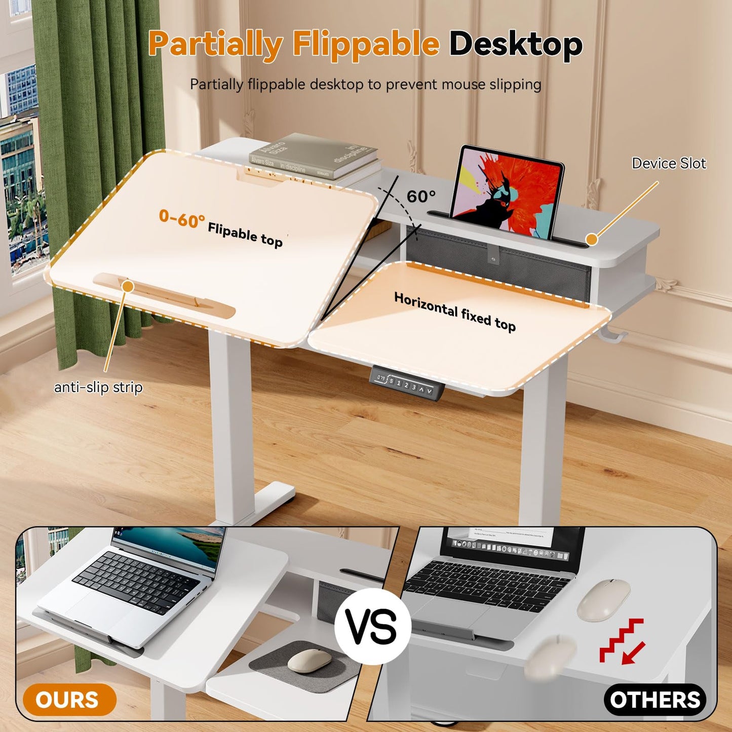 40 Inch Standing Desk, 60° Tiltable Electric Drafting Table Height Adjustable, Foldable Mobile Rising Desk with Drawer, Storage Shelf, Flippable Art Table on Wheels for Kids’ Drawing, White