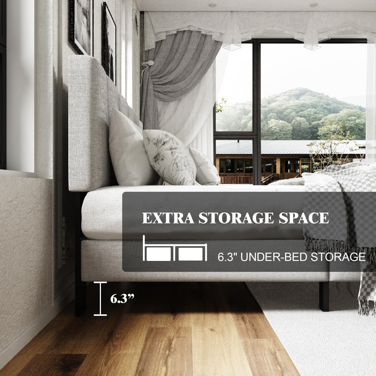 Sismplly Queen Size Platform Bed Frame with Upholstered Headboard, Wooden Slats Support, Noise Free, No Box Spring Needed, Easy Assembly, Light Grey, Linen