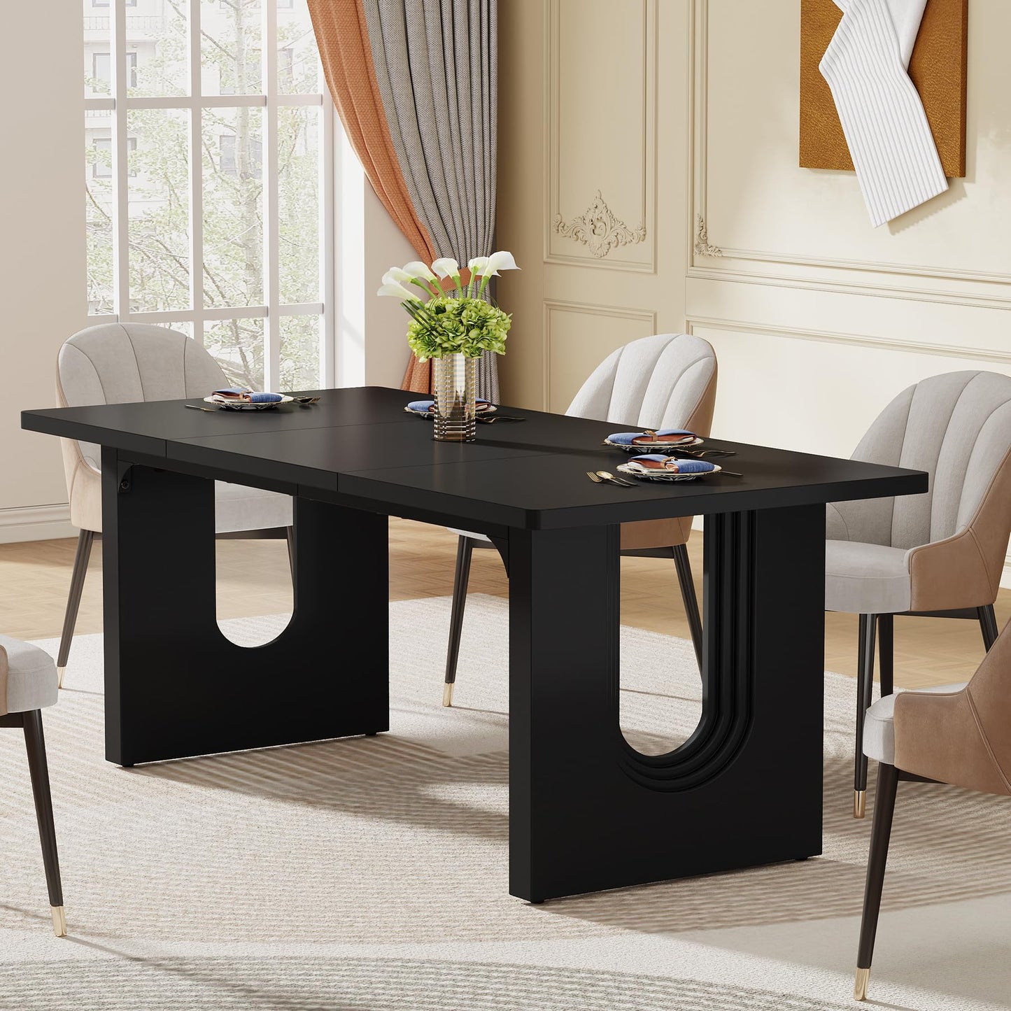 Tribesigns Modern Dining Table for 6 People, 71" Large Kitchen Dining Table with Wood Pedestal Base, Rectangular Long Dinner Table for Kitchen, Dining Room, Living Room, Black