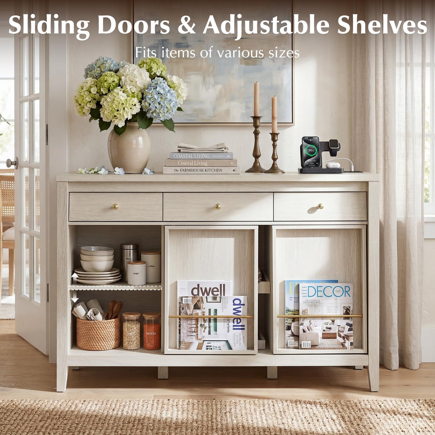 AMBERHAUS Buffet Cabinet with Storage, Modern Sideboard Cabinet with 3 Drawers, 2 Sliding Doors & Pull-Out Shelf, Coffee Bar Cabinet with Charging Station, White