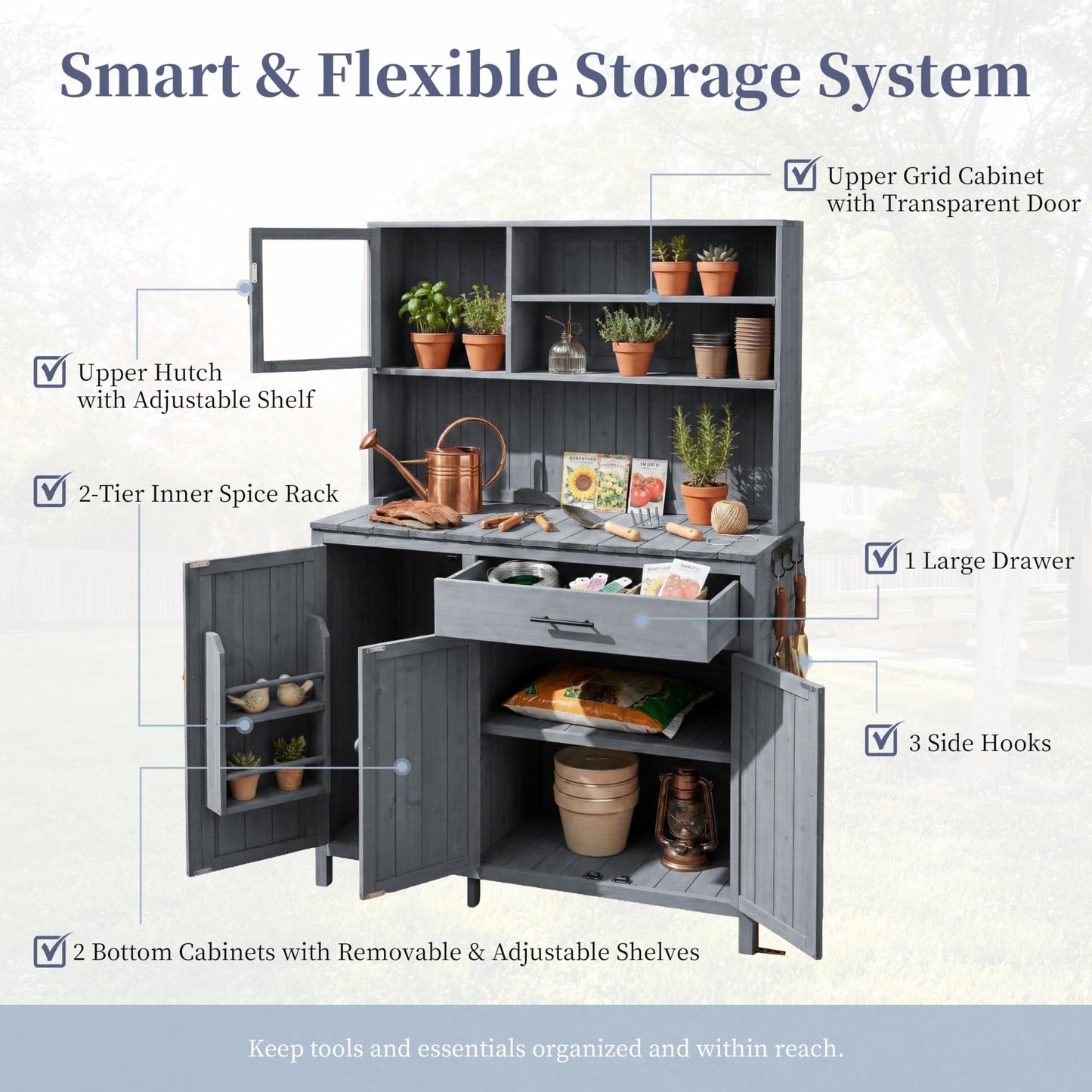 THINK 30 Potting Bench with Hutch, 65" H Solid Fir Wood Garden Workstation, Large Countertop, Patio Kitchen Island with Adjustable Shelves, Spice Rack, Side Hook and Drawer, Gray