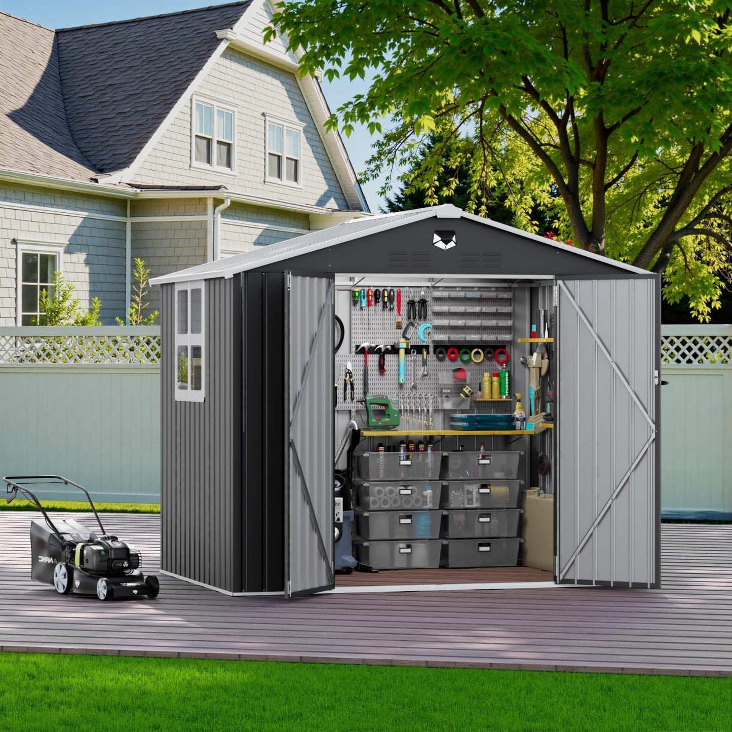 Benass 8x6 FT Outdoor Storage Shed, Metal Garden Shed - Tool Storage Sheds with Lockable Doors & 1 Clear Window, Waterproof Outside Storage Building for Backyard, Patio (Black; Floor Not Included)