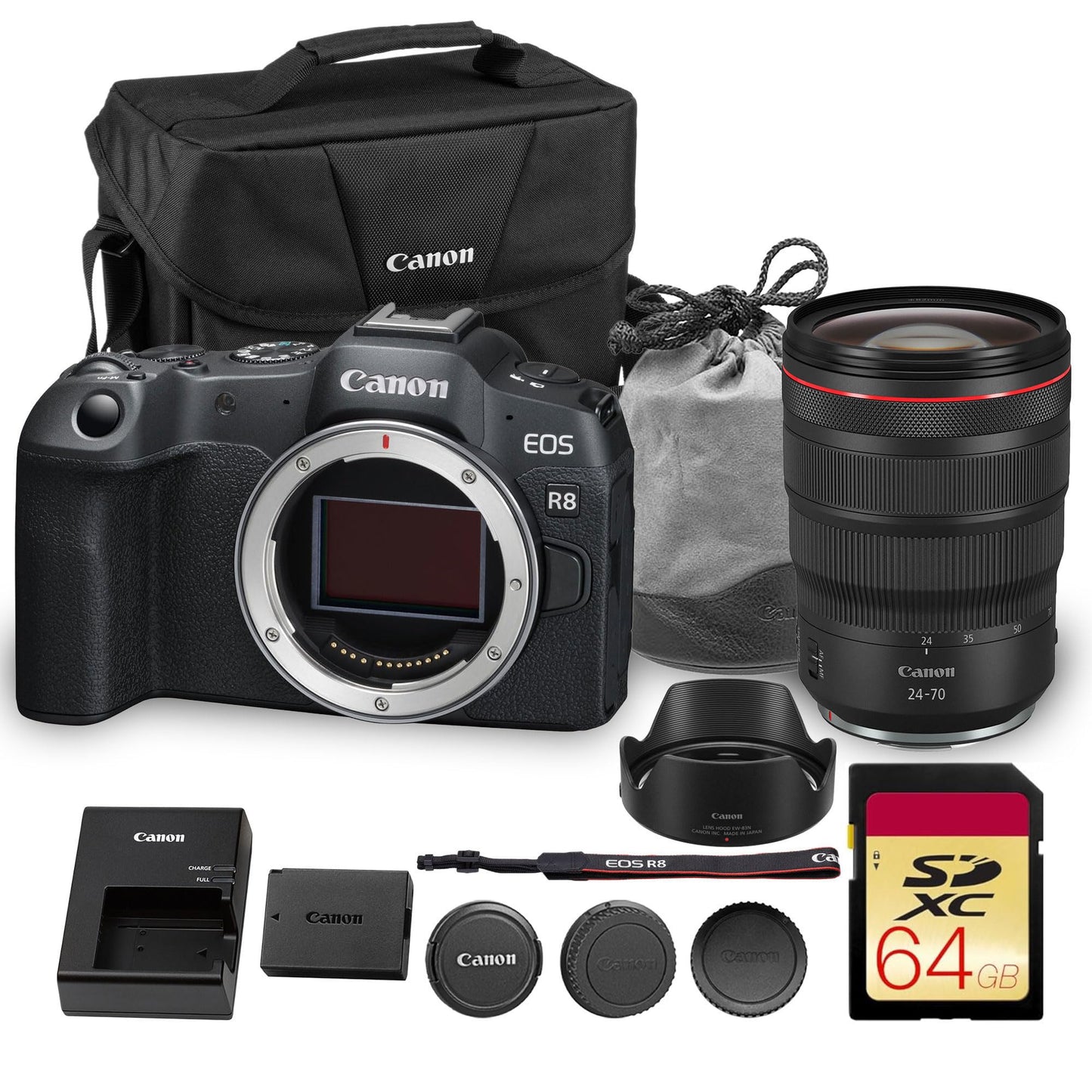 Canon EOS R8 Mirrorless Camera | 24.2MP Full Frame Sensor 4K 60p Video | Compact Lightweight Hybrid Camera for Travel and Content (3680C002) + Canon RF 24-70mm Lens + 64GB Card + Bag