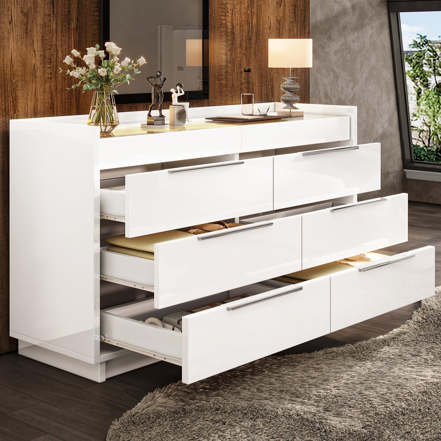 AMERLIFE 47.2" W 8 Drawer Dresser with LED Light & Glass Top, Modern High Gloss Storage Chest with 2 Jewelry Drawers, Storage Organizer for Bedroom, White